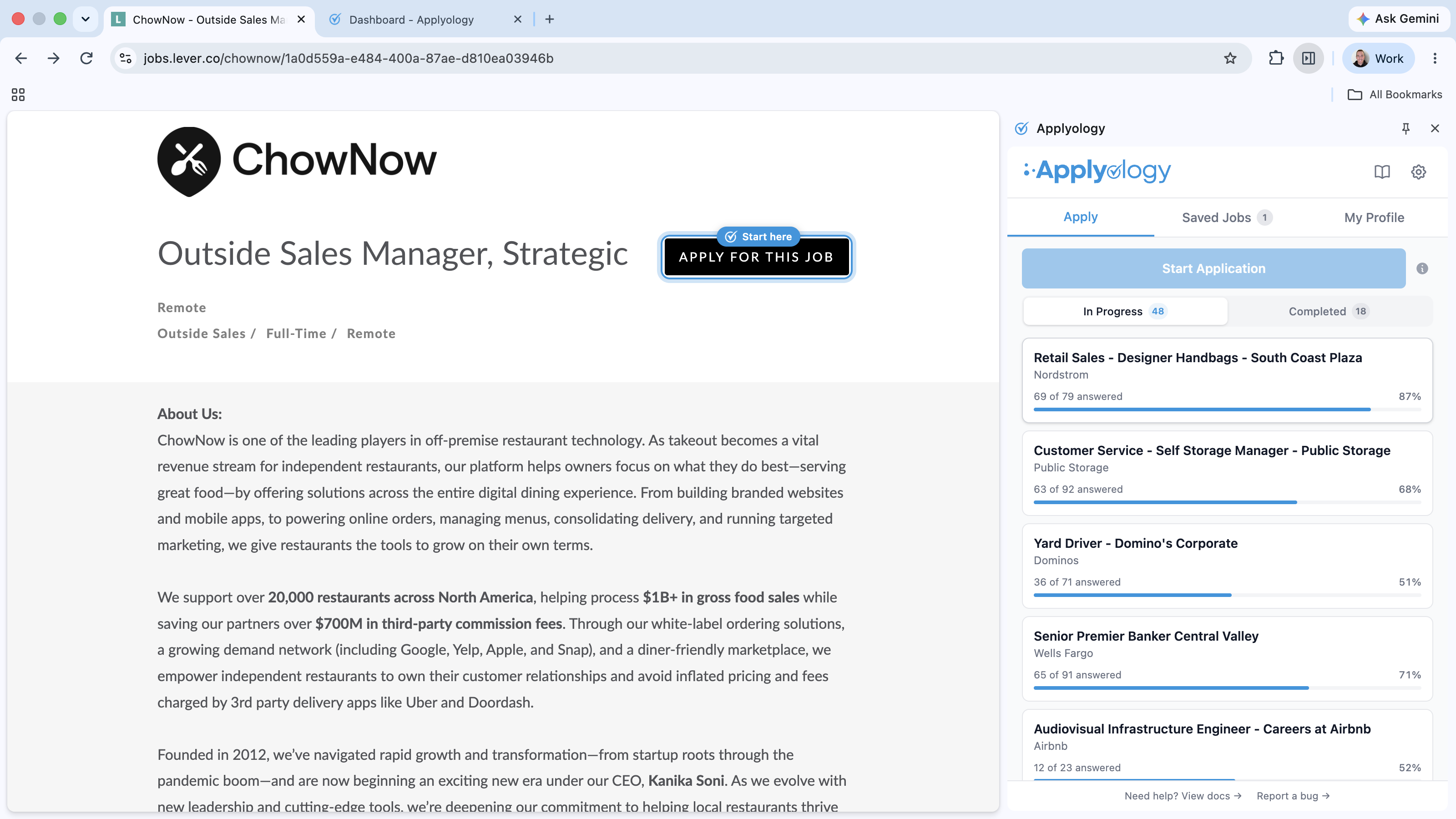Lever job posting with a blue "Start here" ring around the "Apply for this job" button, next to the Applyology panel showing Start Application