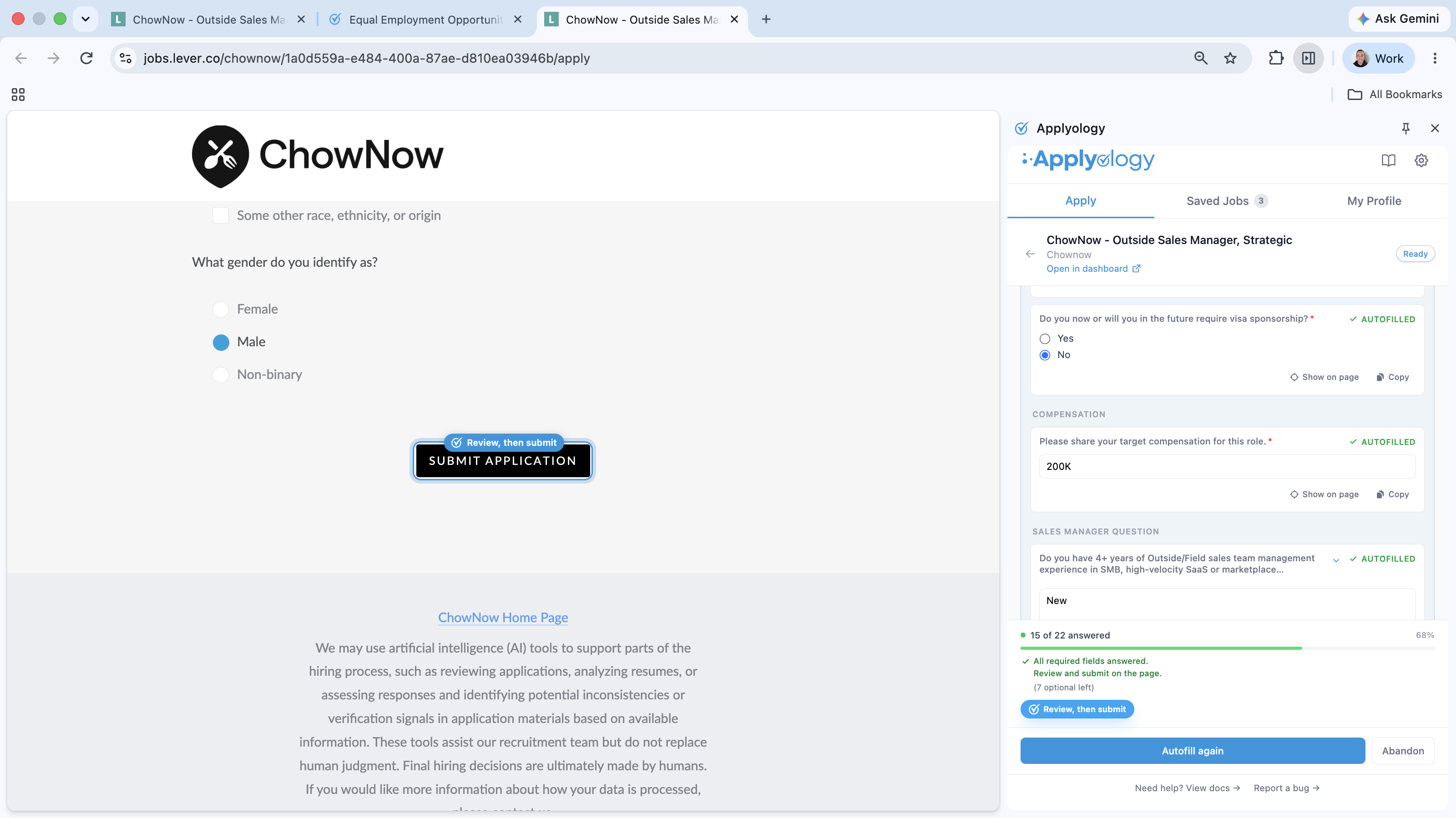 Lever application page with a "Review, then submit" ring around the "Submit application" button, next to the Applyology panel showing autofilled answers and an "All required fields answered" banner