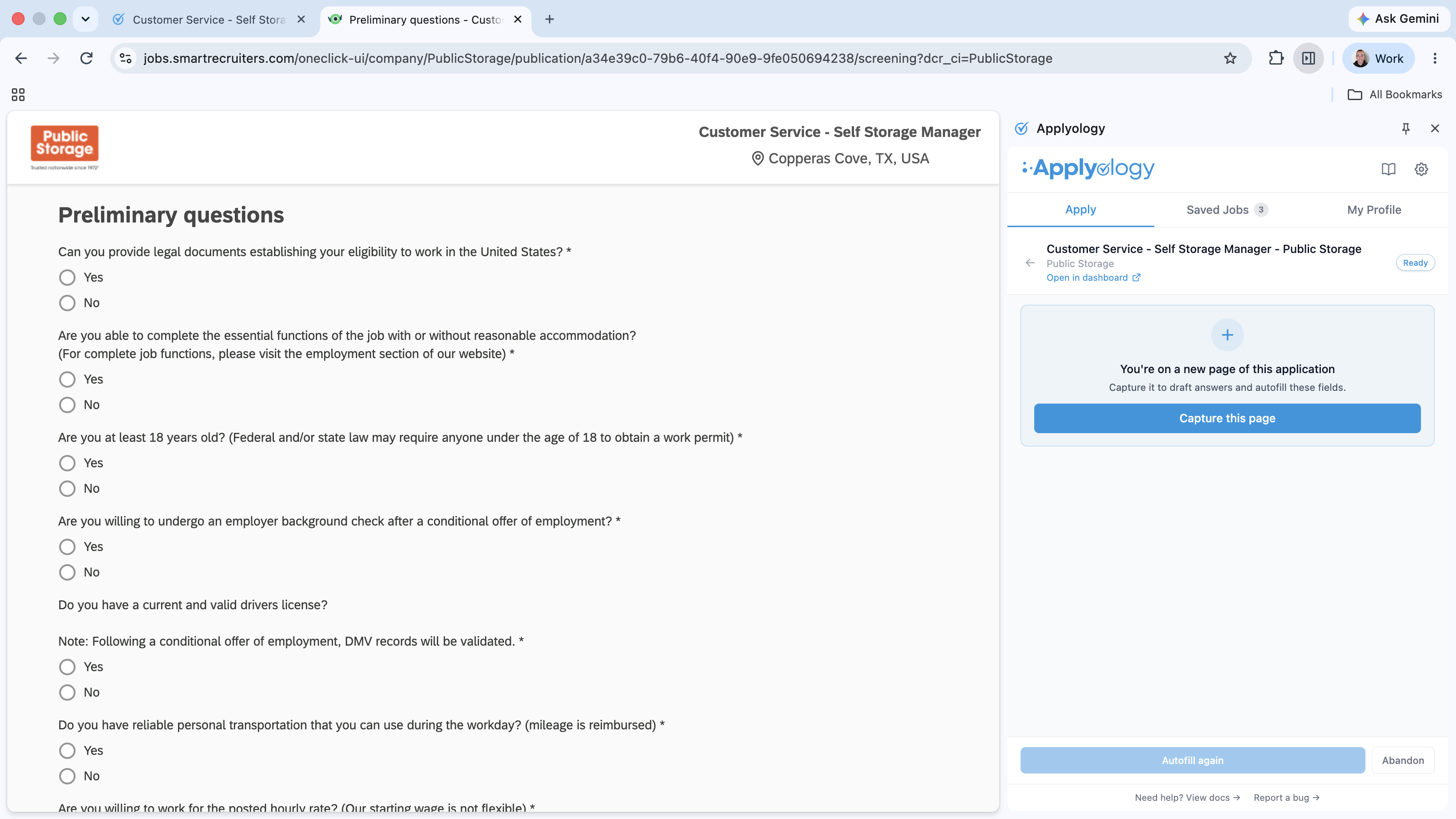 SmartRecruiters screening-questions page with the Applyology panel showing "You're on a new page of this application" and a "Capture this page" button
