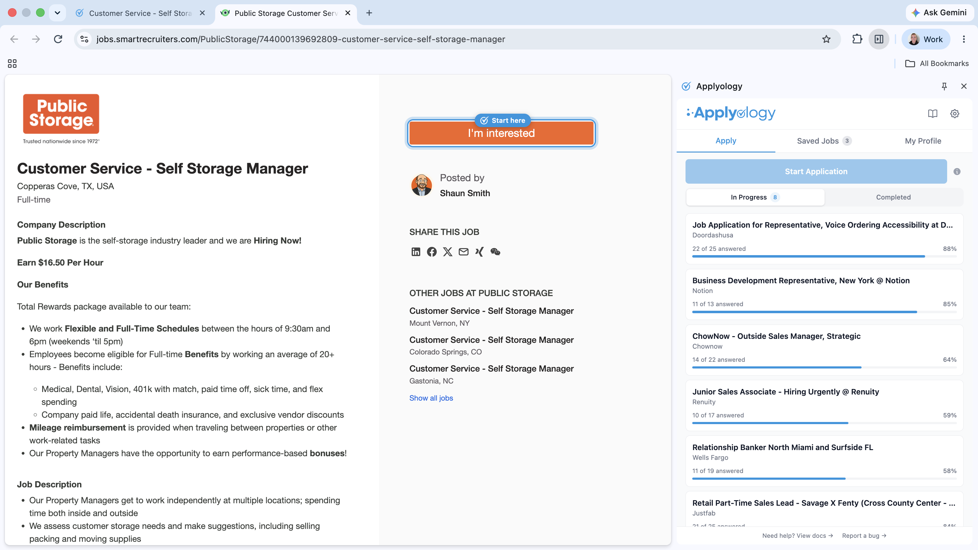 SmartRecruiters posting with a "Start here" ring around the "I'm interested" button, next to the Applyology panel