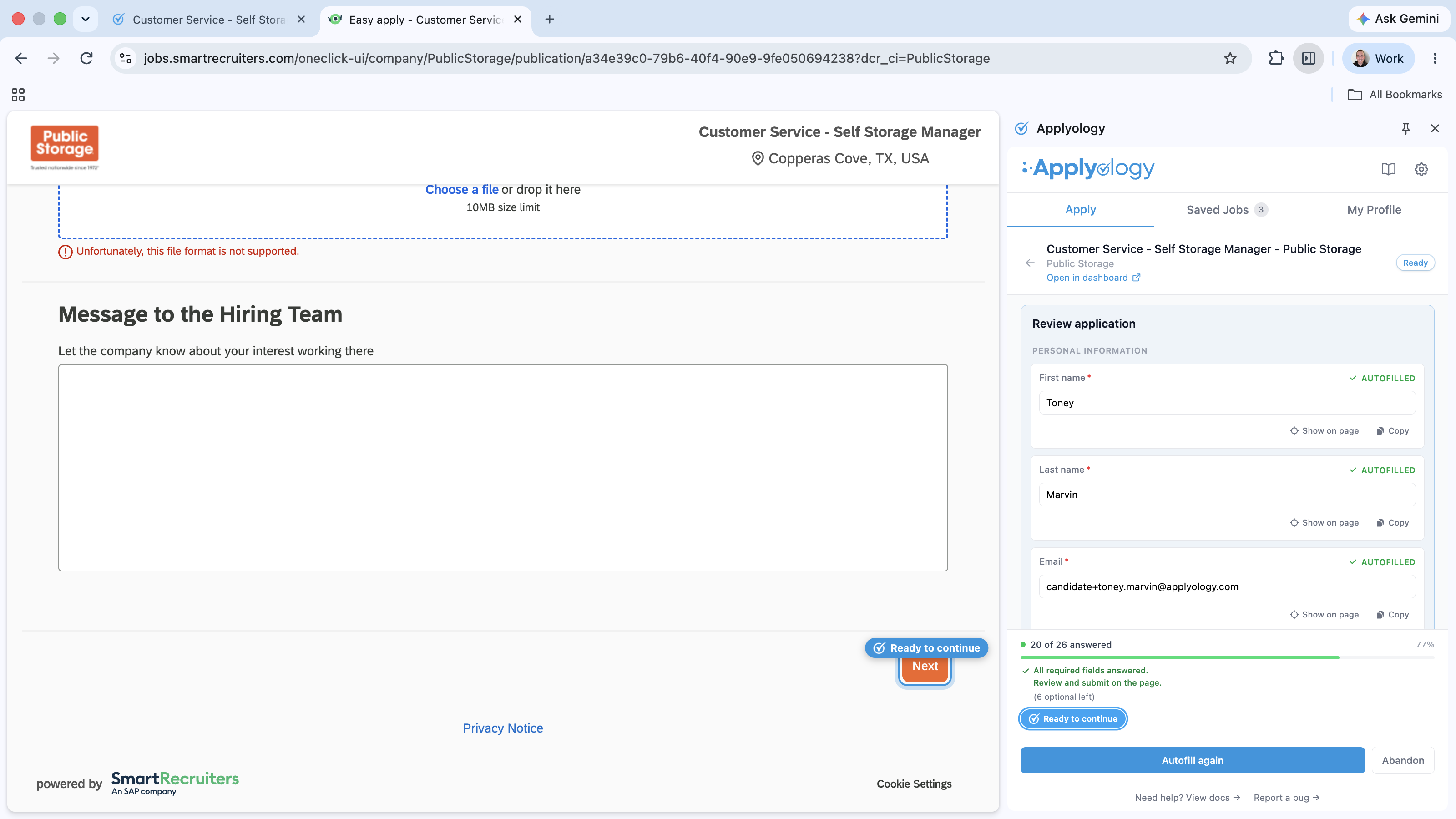 SmartRecruiters first page filled, with a "Ready to continue" ring around the site's "Next" button, next to the Applyology panel showing autofilled answers