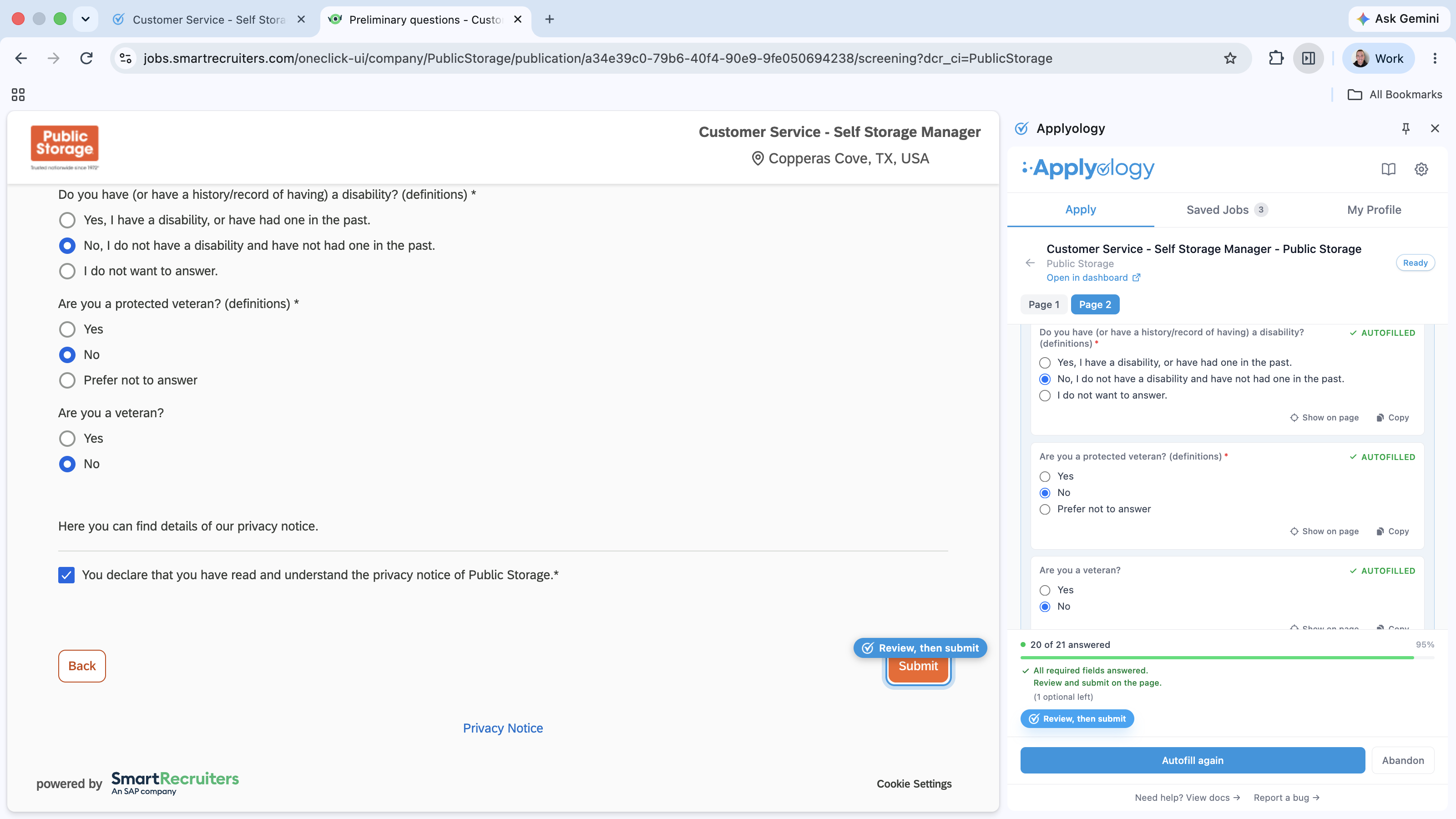 SmartRecruiters final page with a "Review, then submit" ring around the "Submit" button, next to the Applyology panel showing Page 1 and Page 2 tabs and an "All required fields answered" banner