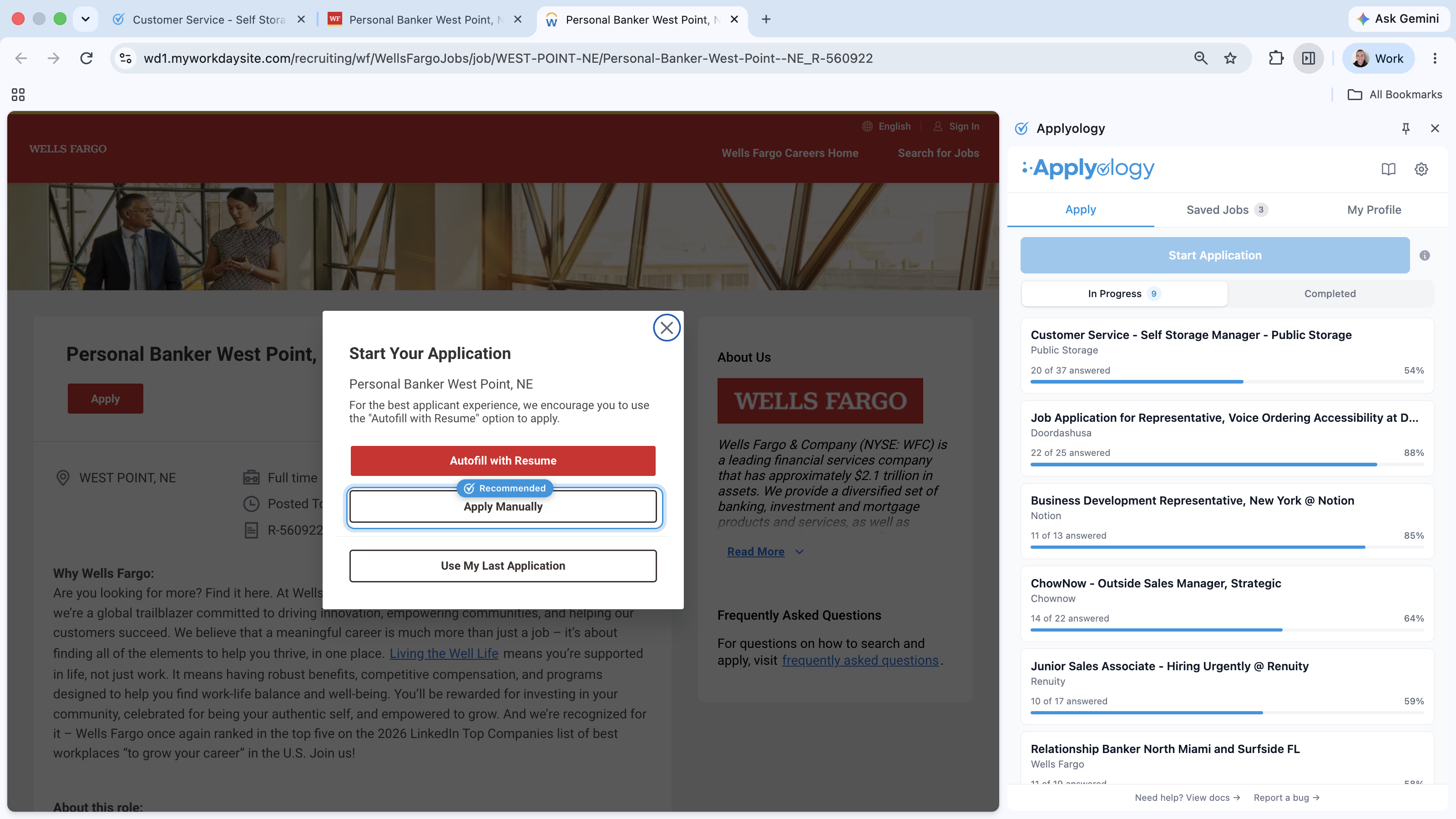 Workday "Start Your Application" dialog with Autofill with Resume, Apply Manually (ringed as Recommended), and Use My Last Application options