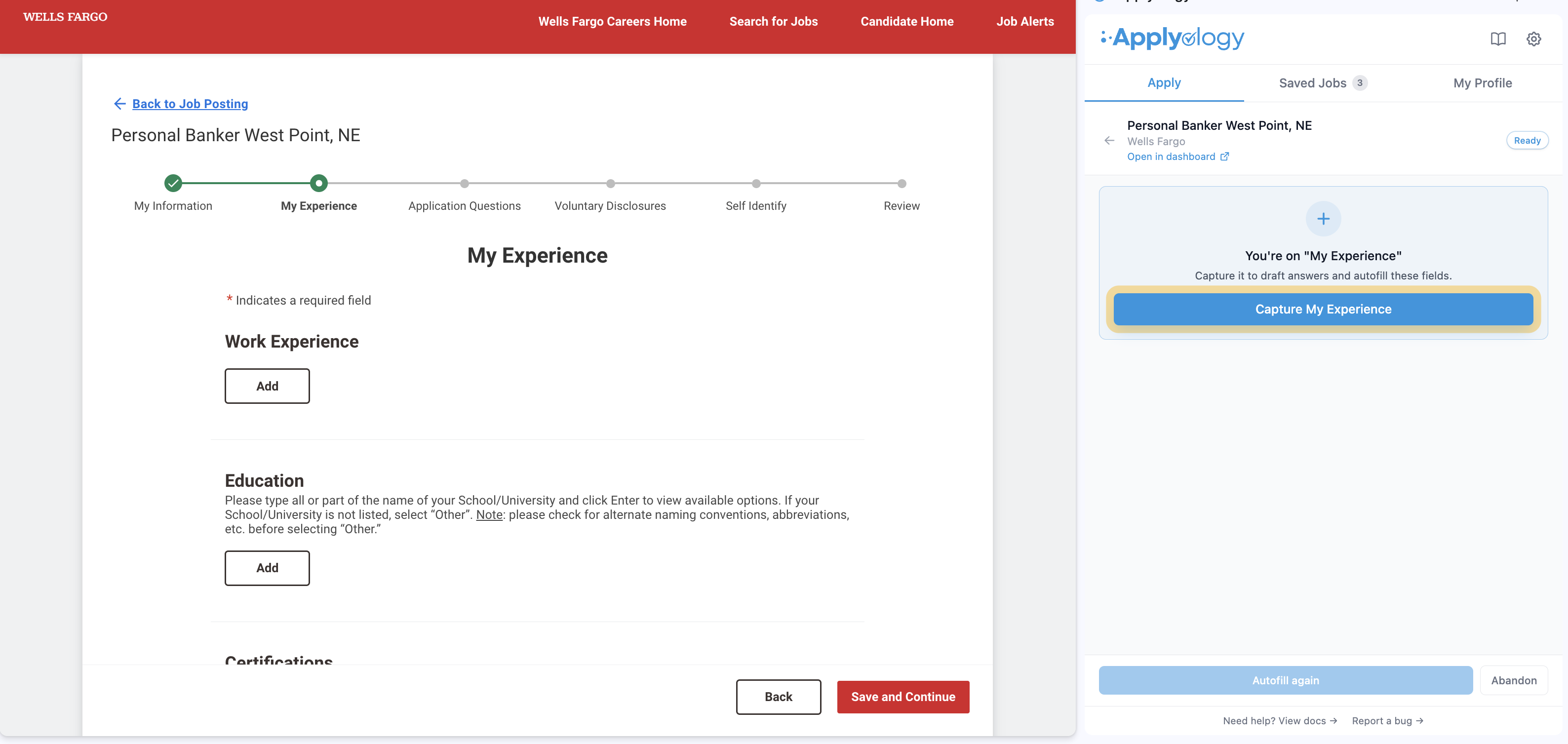 Workday My Experience step with Work Experience and Education "Add" sections, next to the Applyology panel showing a "Capture My Experience" button