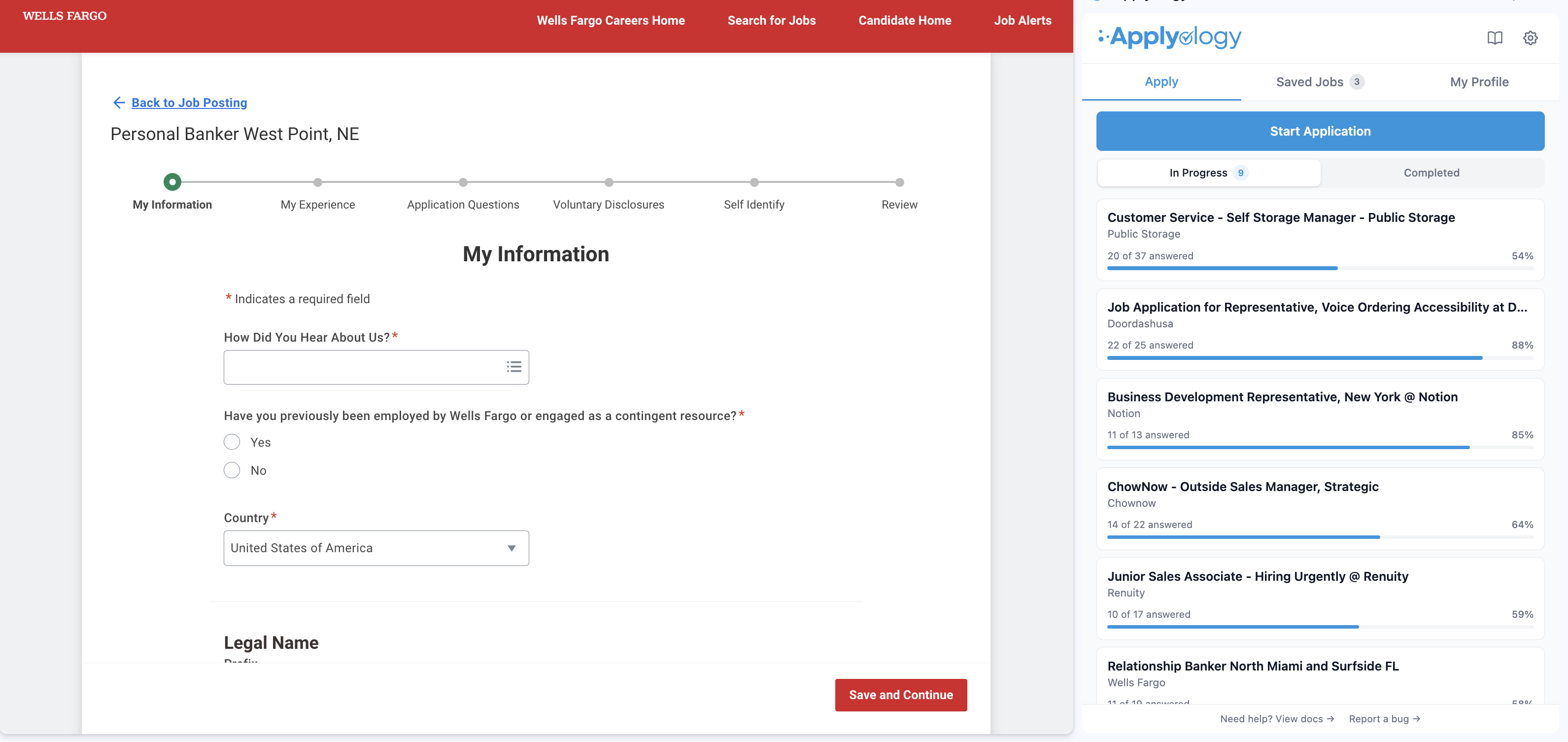 Workday My Information step after signing in, with the Applyology panel's Start Application button enabled