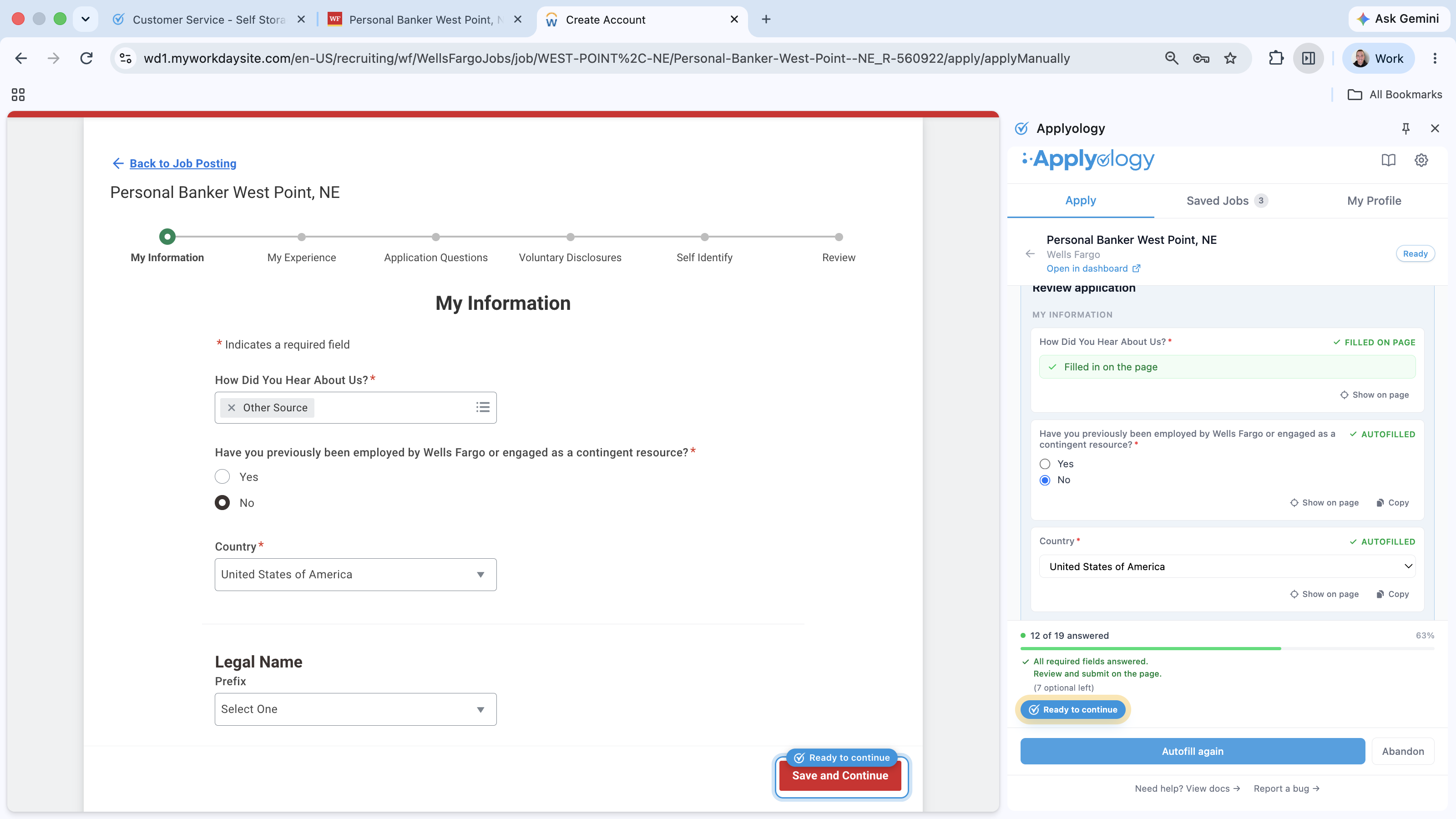 Workday step with a "Ready to continue" ring around the site's "Save and Continue" button, next to the Applyology panel showing autofilled answers and a field marked "Filled on the page"