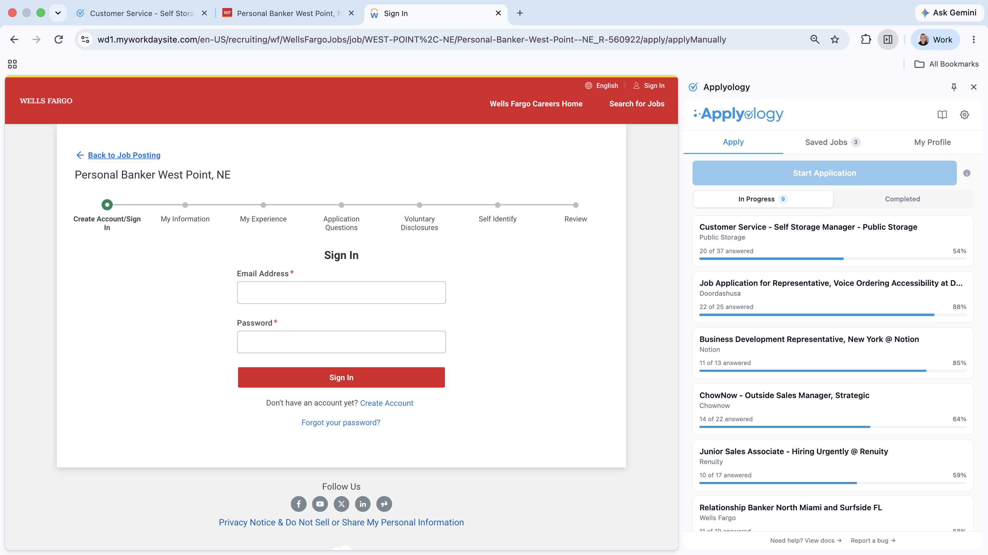Workday Sign In page showing the application progress bar - Create Account/Sign In, My Information, My Experience, Application Questions, Voluntary Disclosures, Self Identify, and Review