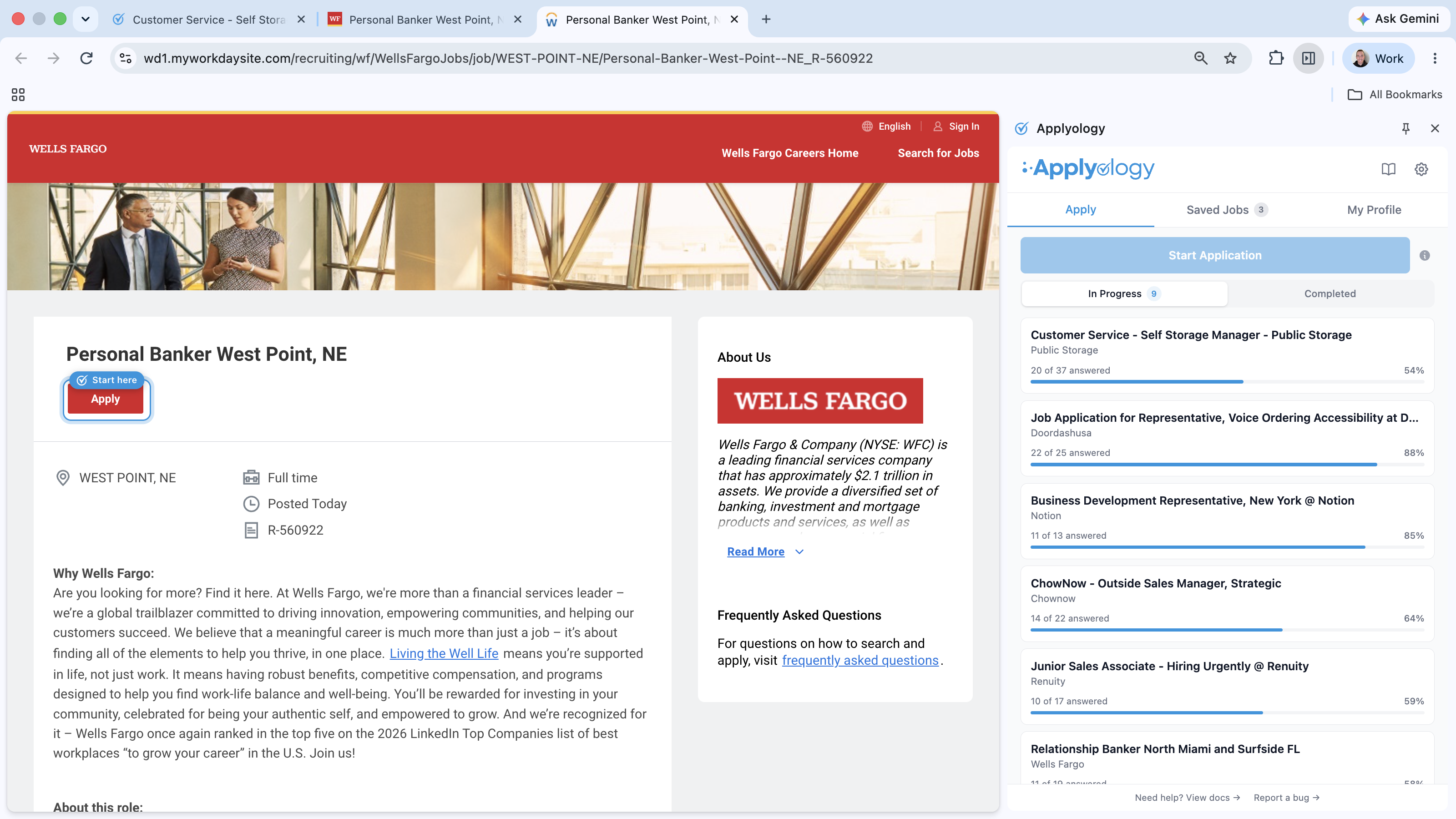 Wells Fargo posting on a Workday site with a "Start here" ring around the Apply button and a Sign In link, next to the Applyology panel