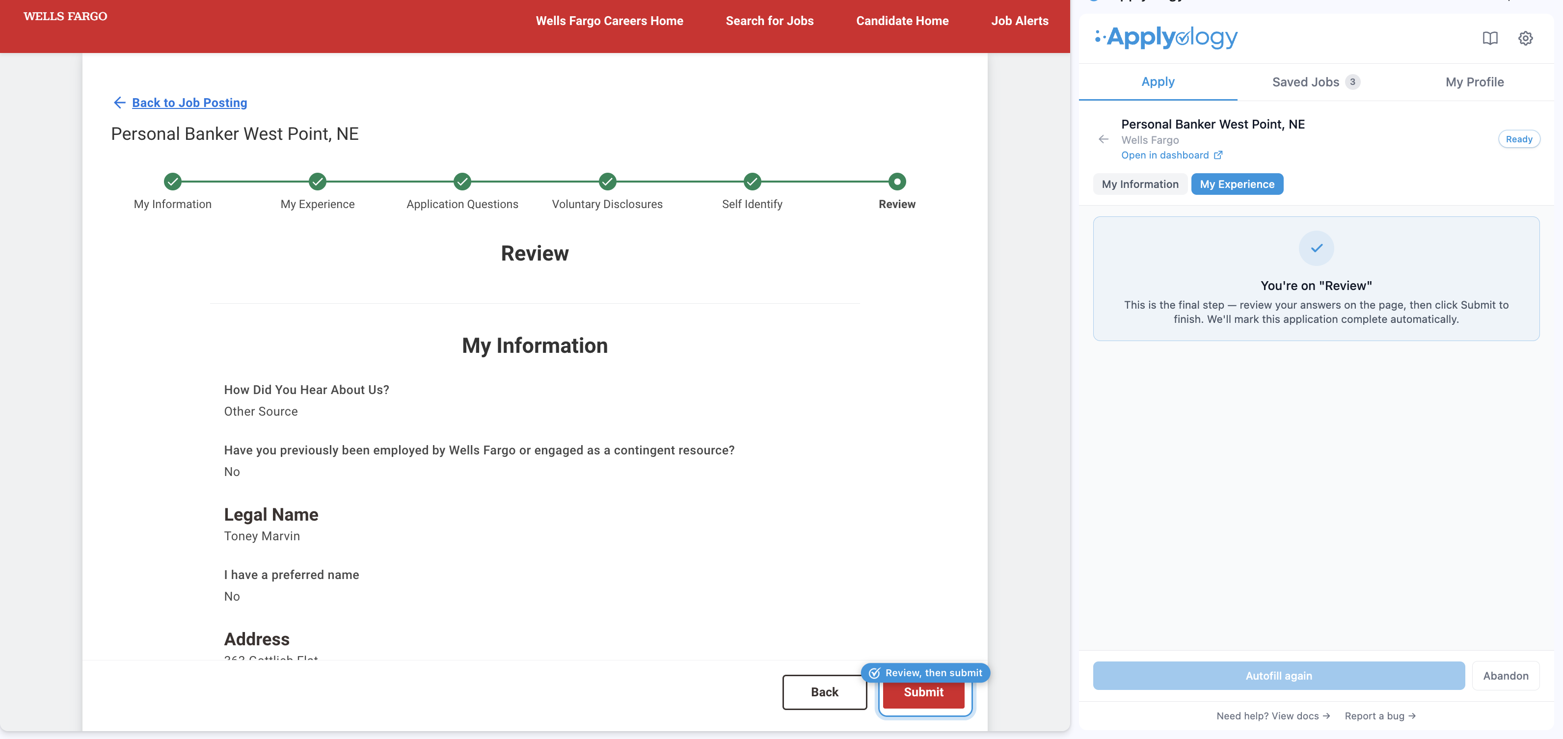 Workday Review step summarizing your answers, with a "Review, then submit" ring around the Submit button, next to the Applyology panel noting it's the final step