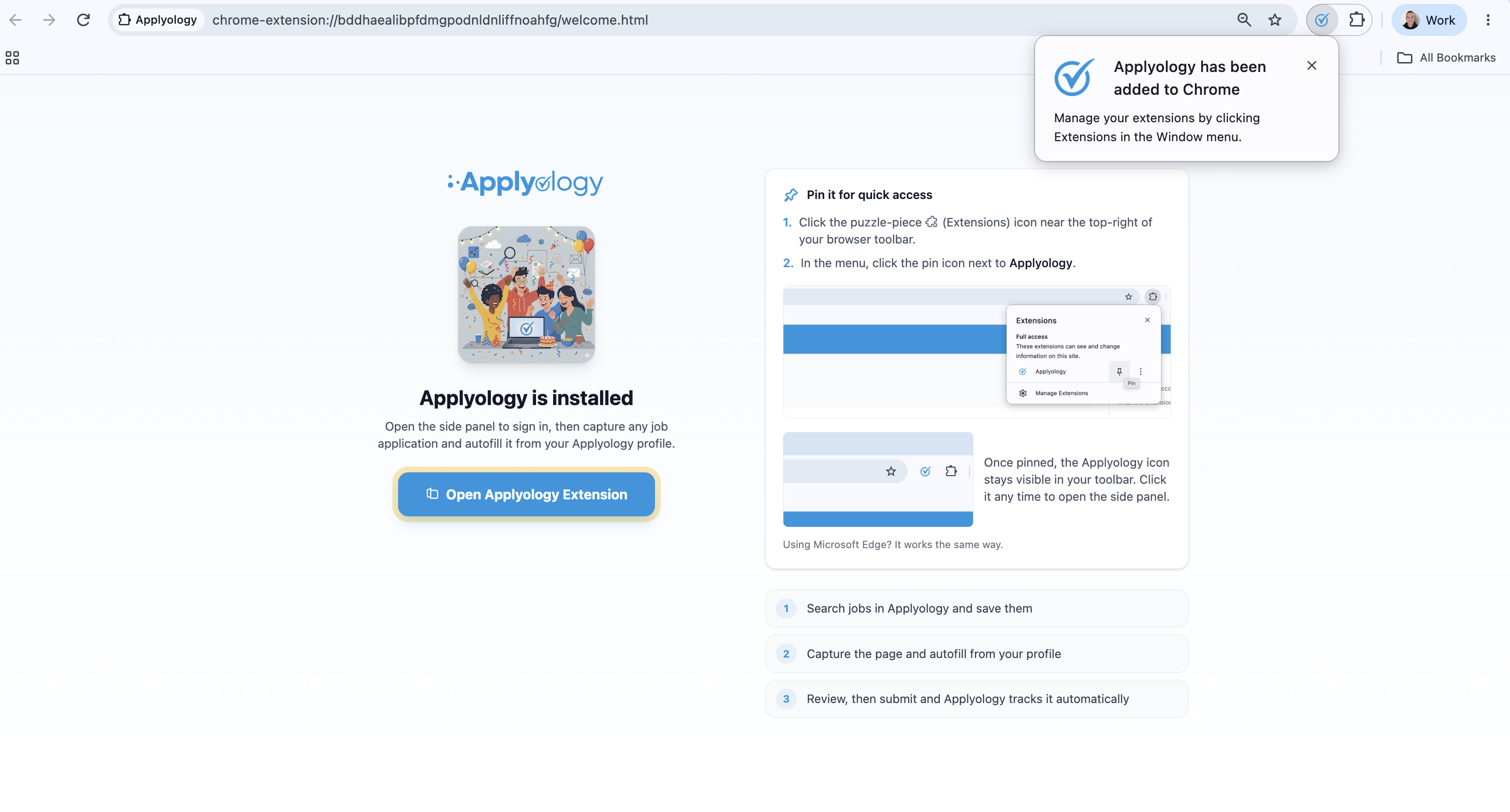 Applyology welcome page after installing, with an "Applyology has been added to Chrome" confirmation and pin-for-quick-access instructions