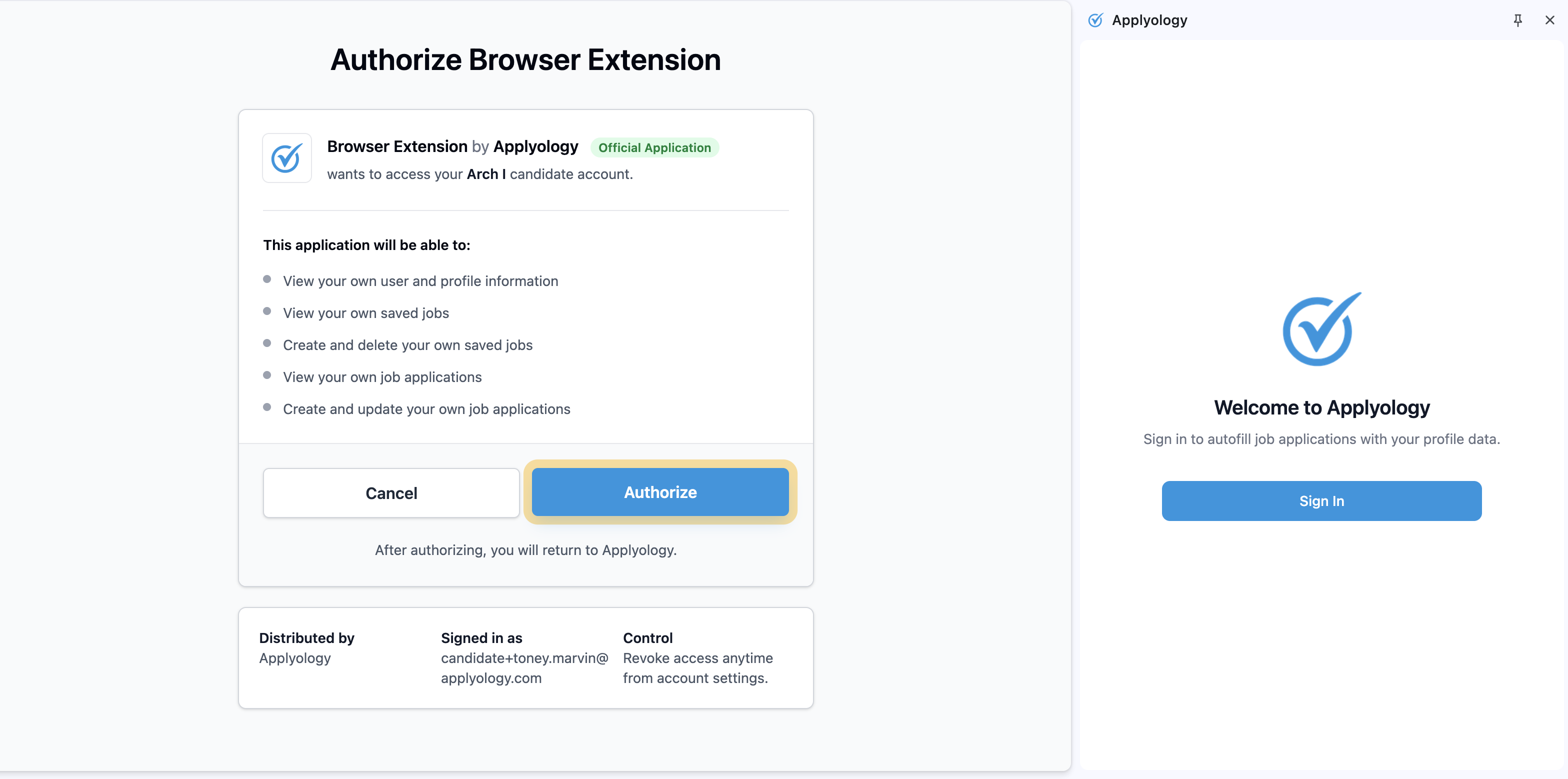 Applyology "Authorize Browser Extension" screen listing the access the extension requests, with Authorize and Cancel buttons