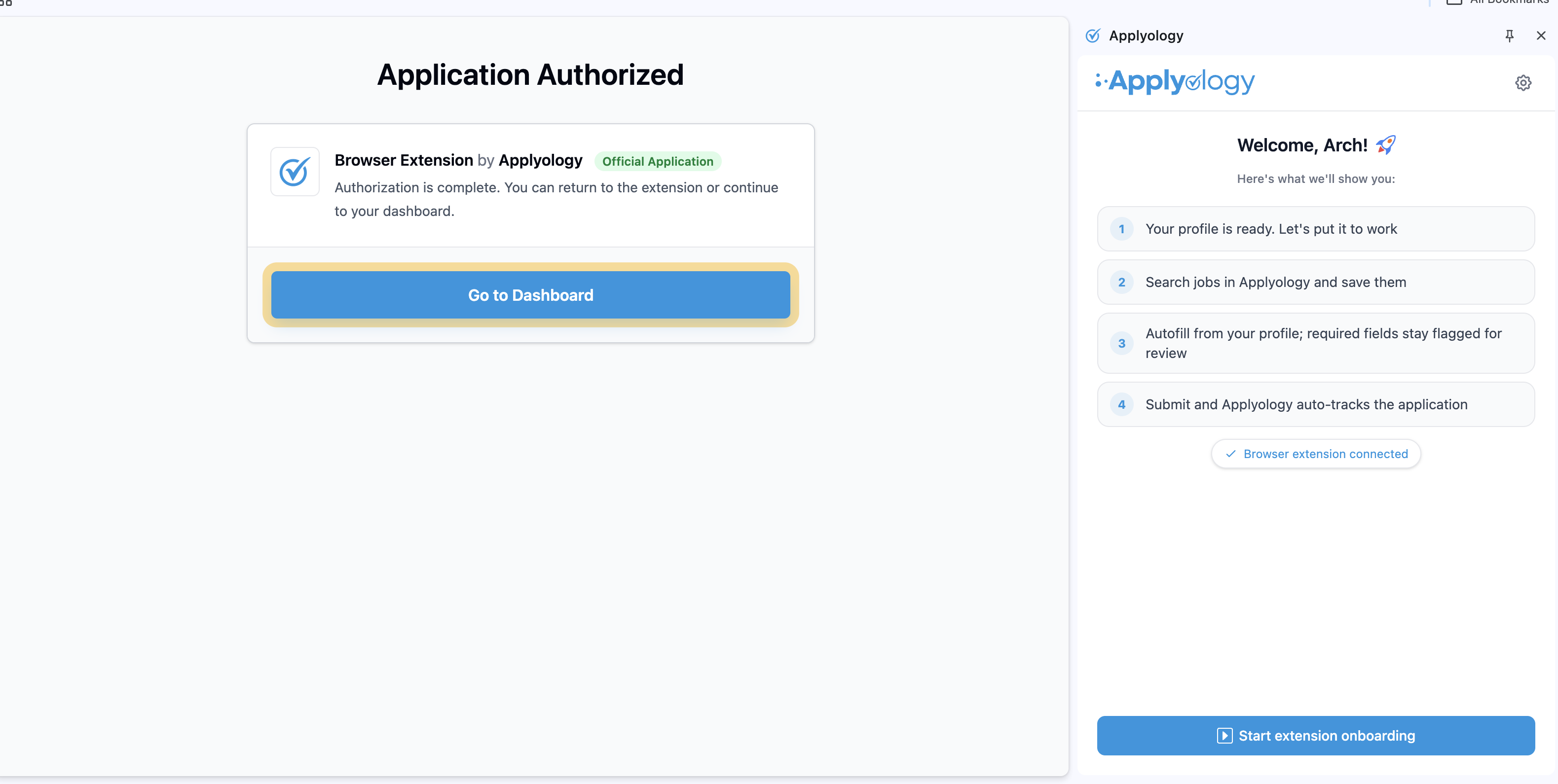Applyology "Application Authorized" page with the connected side panel showing a welcome and the "Start extension onboarding" button