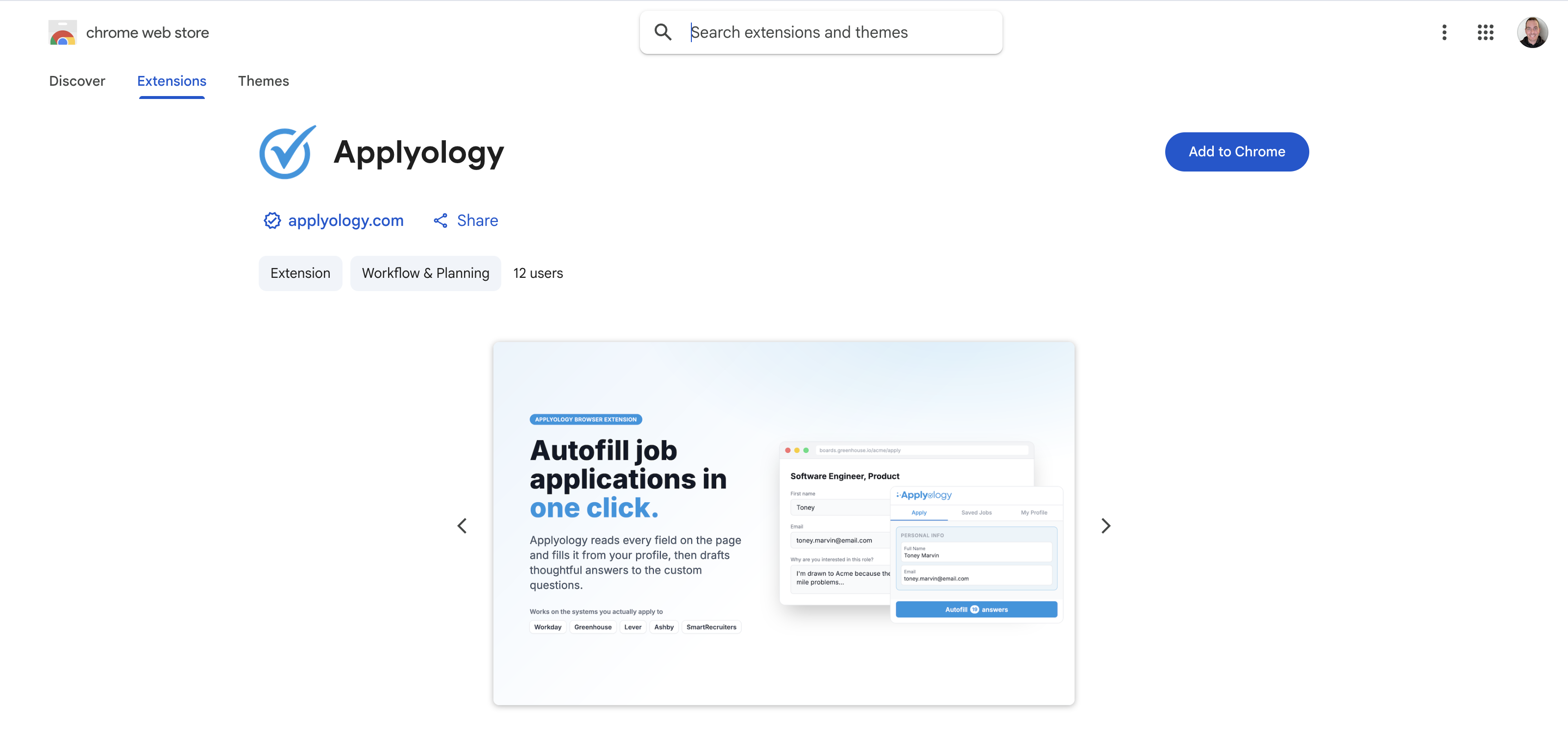 Applyology in the Chrome Web Store with the Add to Chrome button