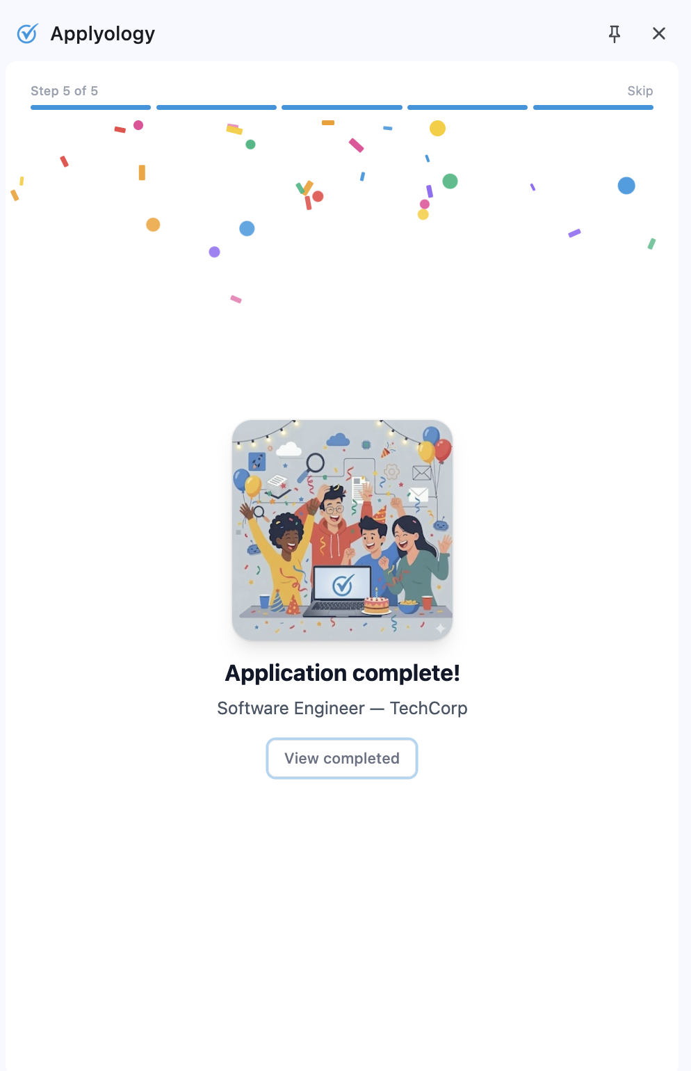Applyology extension celebration screen reading "Application complete!" with confetti and a View completed button