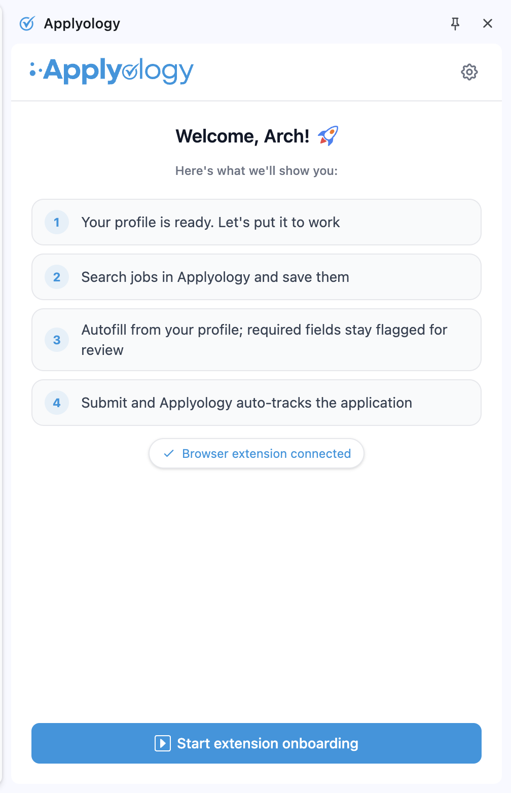 Applyology extension side panel welcome listing the four onboarding steps with a "Start extension onboarding" button