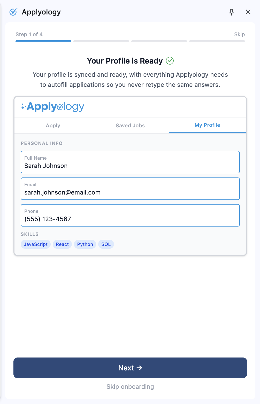 Onboarding step 1, "Your Profile is Ready", showing synced profile fields in the My Profile tab