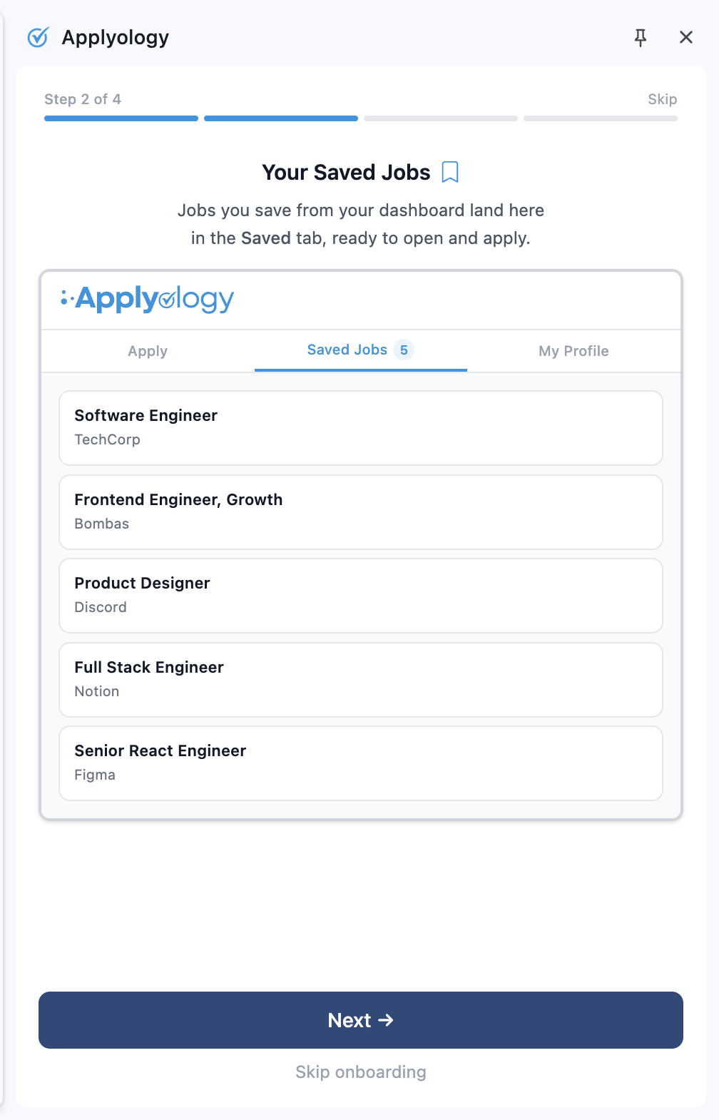 Onboarding step 2, "Your Saved Jobs", showing saved roles in the Saved Jobs tab