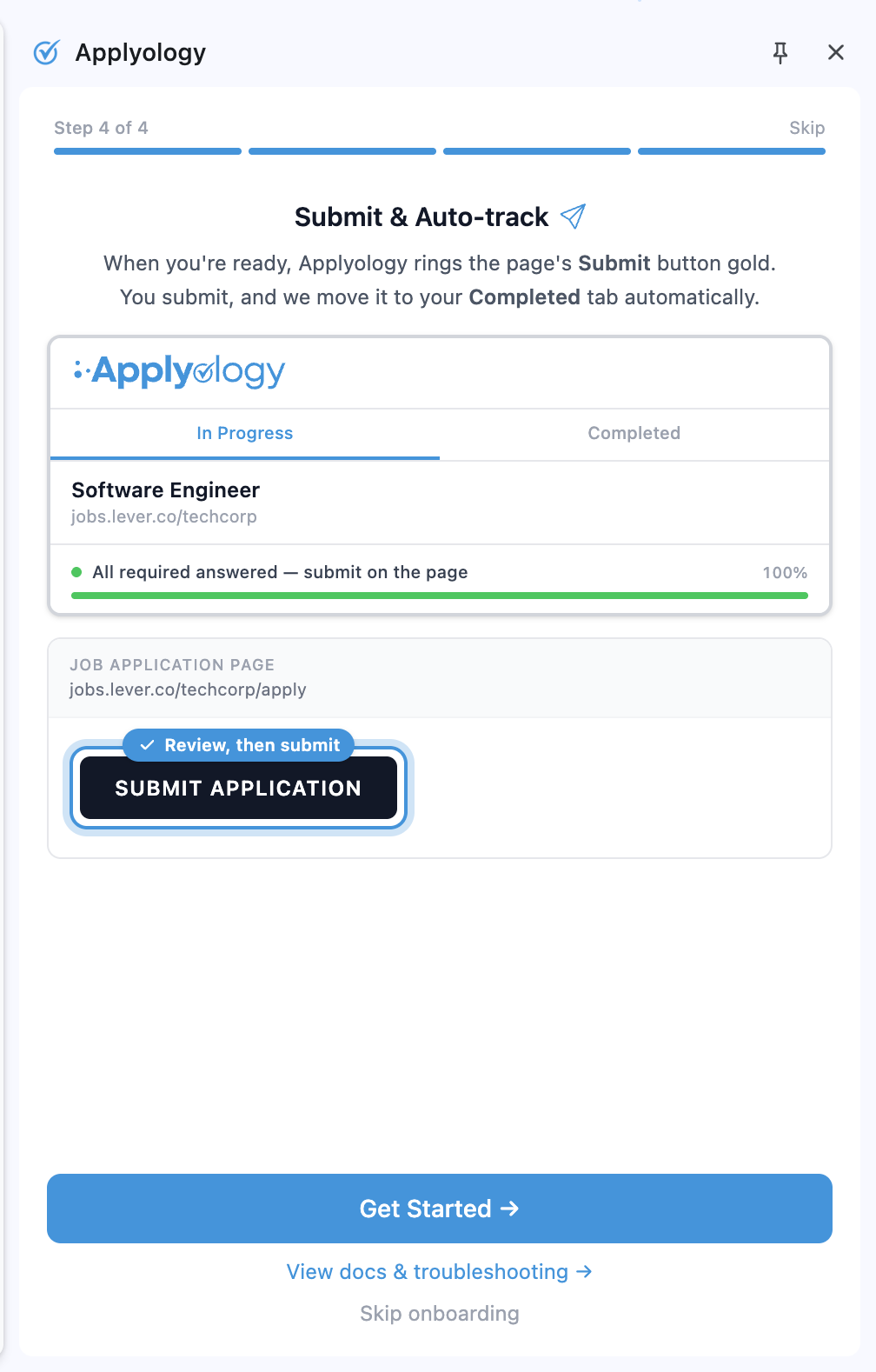 Onboarding step 4, "Submit & Auto-track", showing the gold "Review, then submit" ring on the page's Submit button with an "All required answered" banner