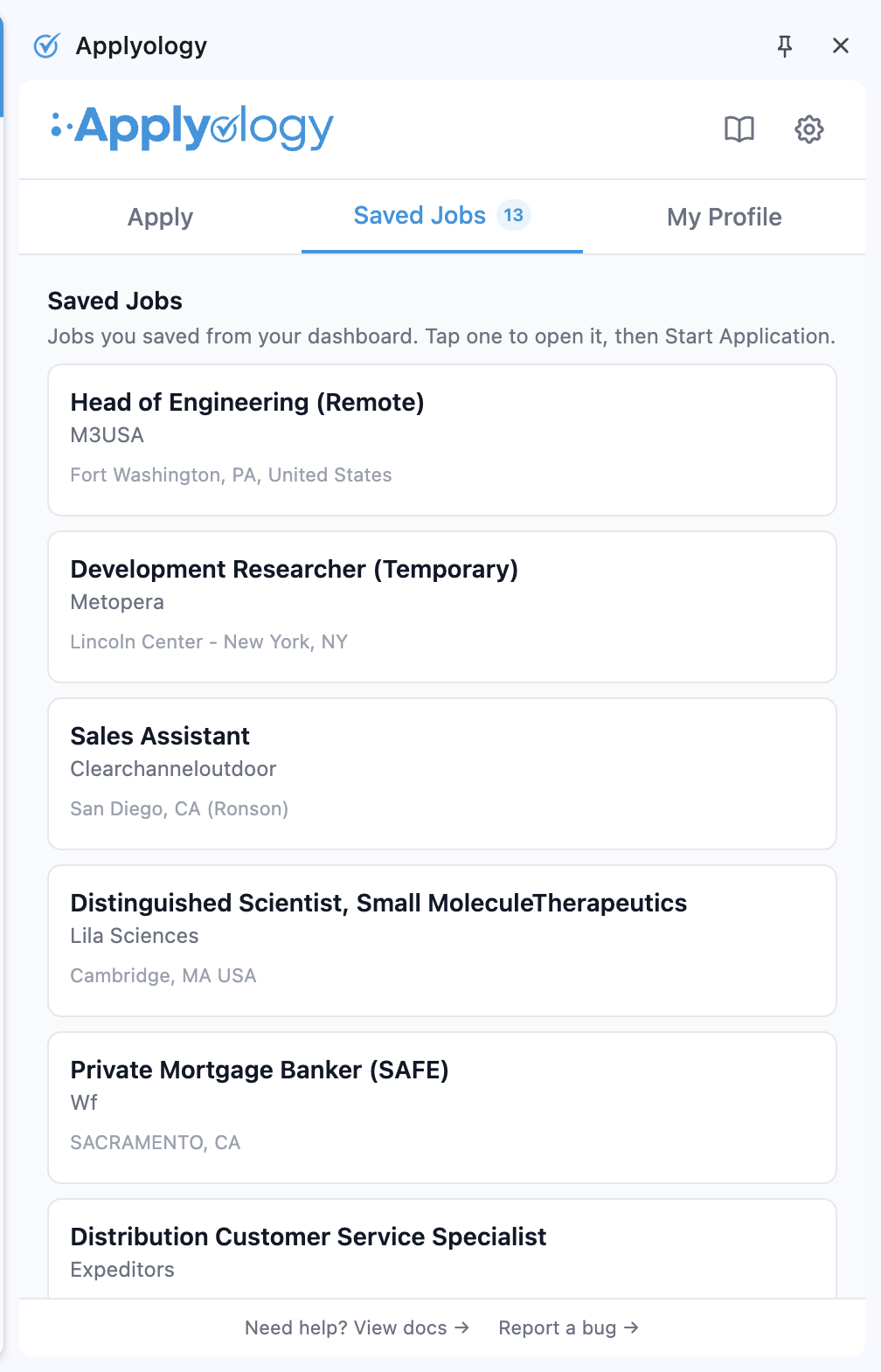 Applyology extension Saved Jobs tab with a count badge on the tab, listing saved roles by title, company, and location