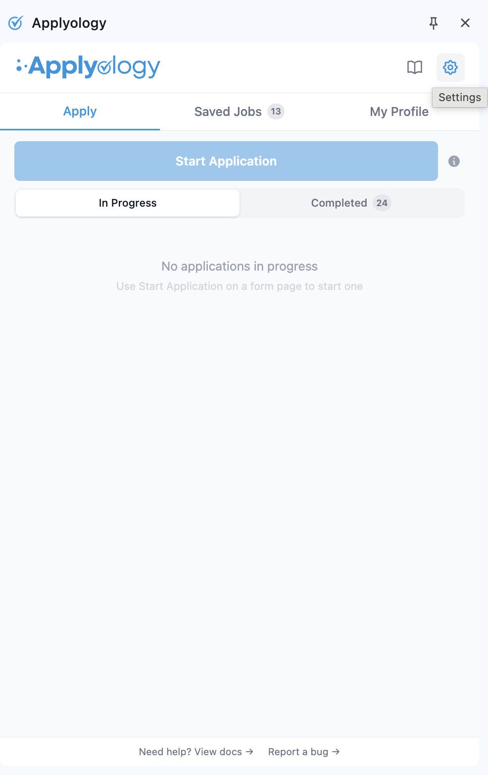 Applyology extension popup with the Settings gear icon highlighted