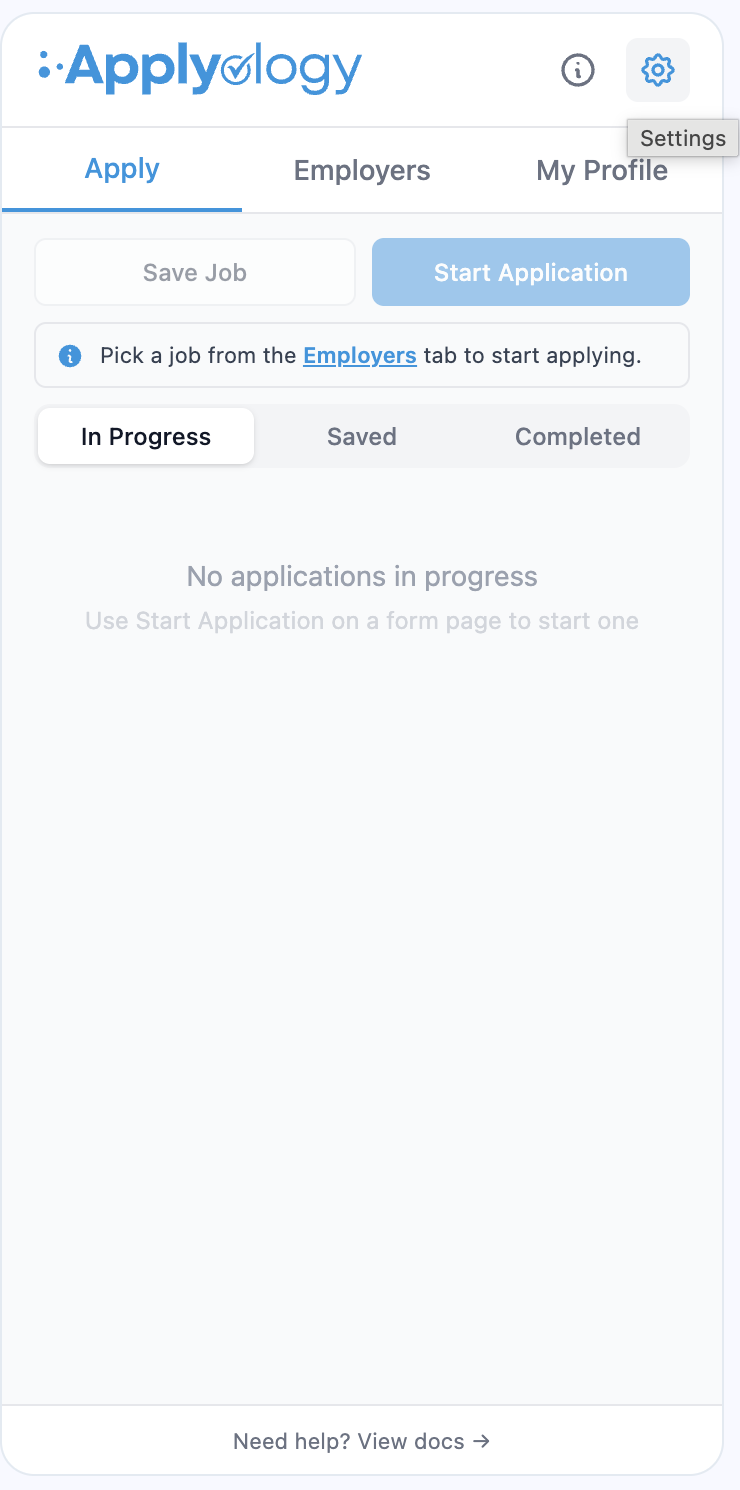 Applyology extension popup with the Settings gear icon highlighted