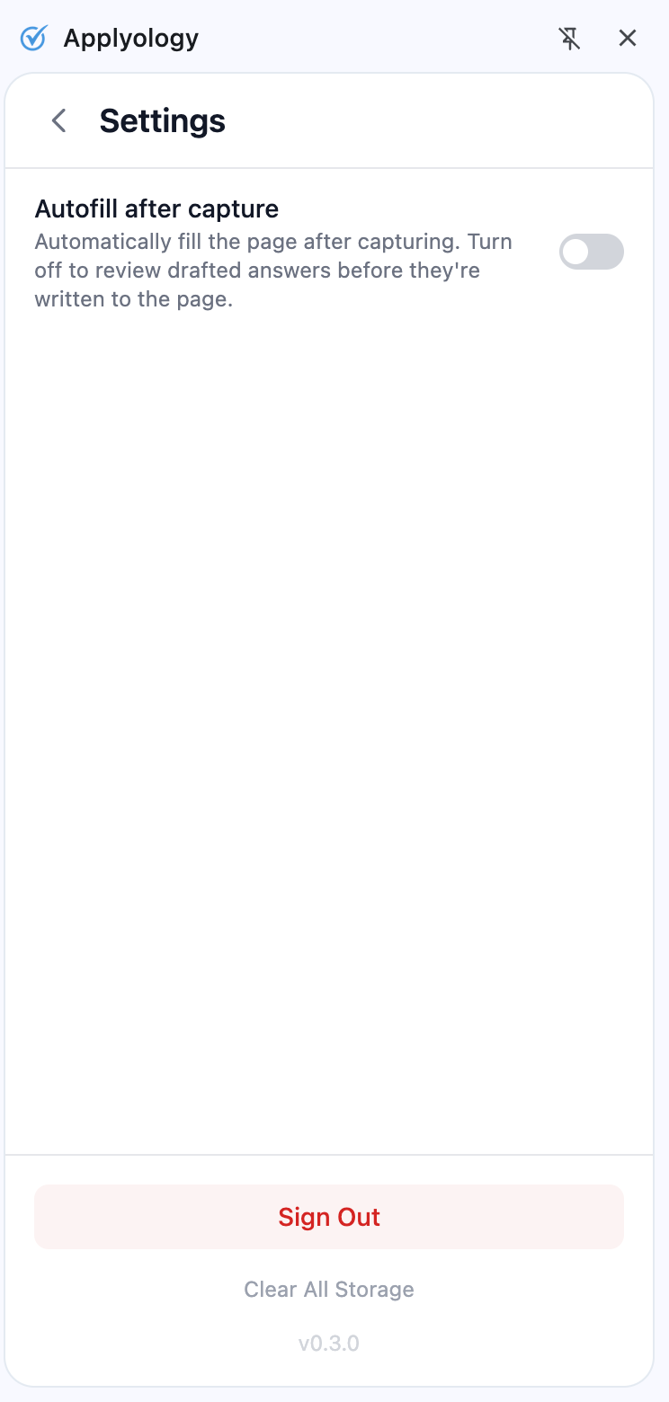 Applyology extension settings screen with toggles, Sign Out, and Clear All Storage