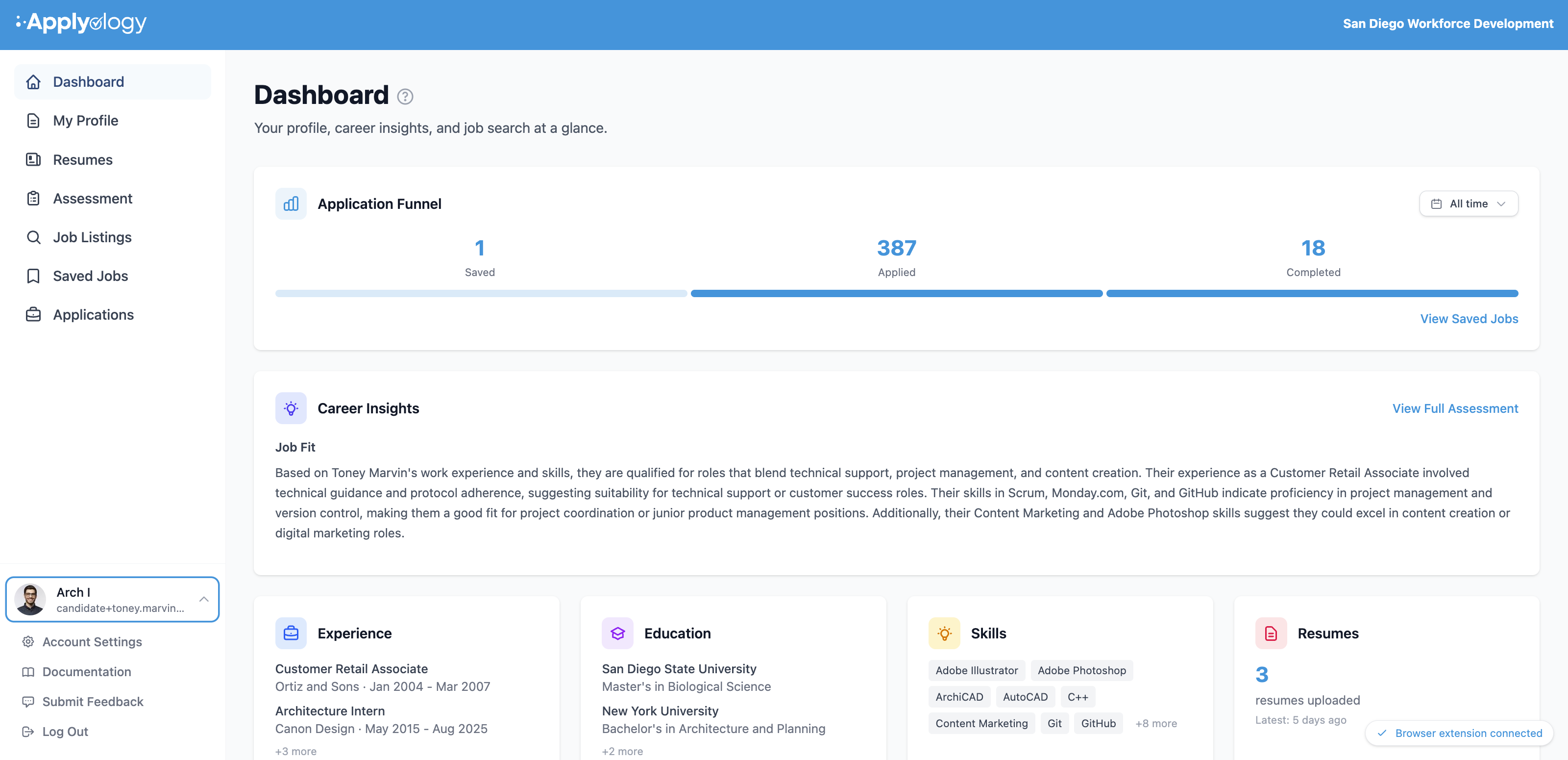 Applyology account menu expanded, showing Account Settings, Documentation, Submit Feedback, and Log Out