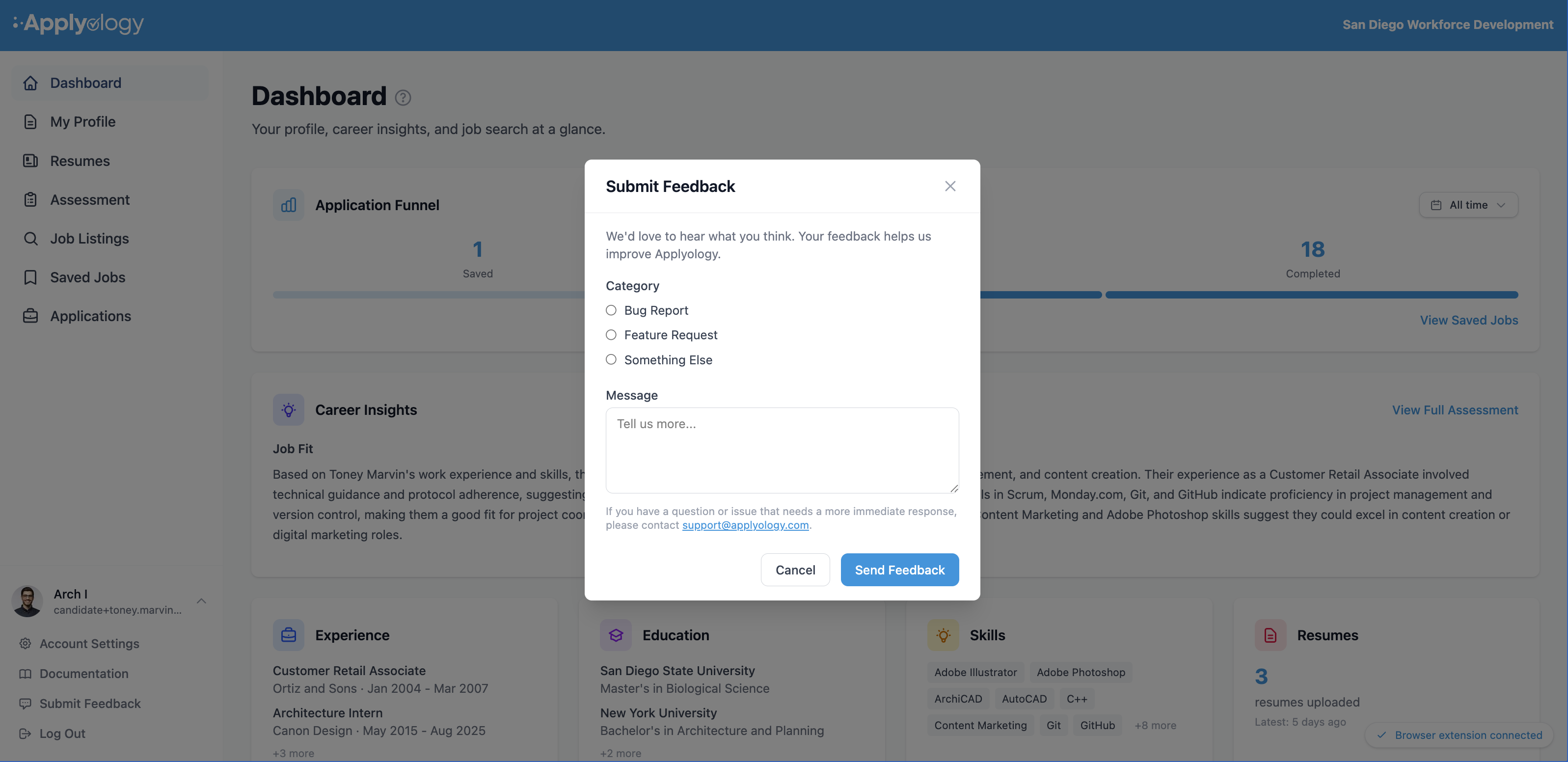 Applyology Submit Feedback modal with Bug Report, Feature Request, and Something Else categories, a Message field, and a Send Feedback button