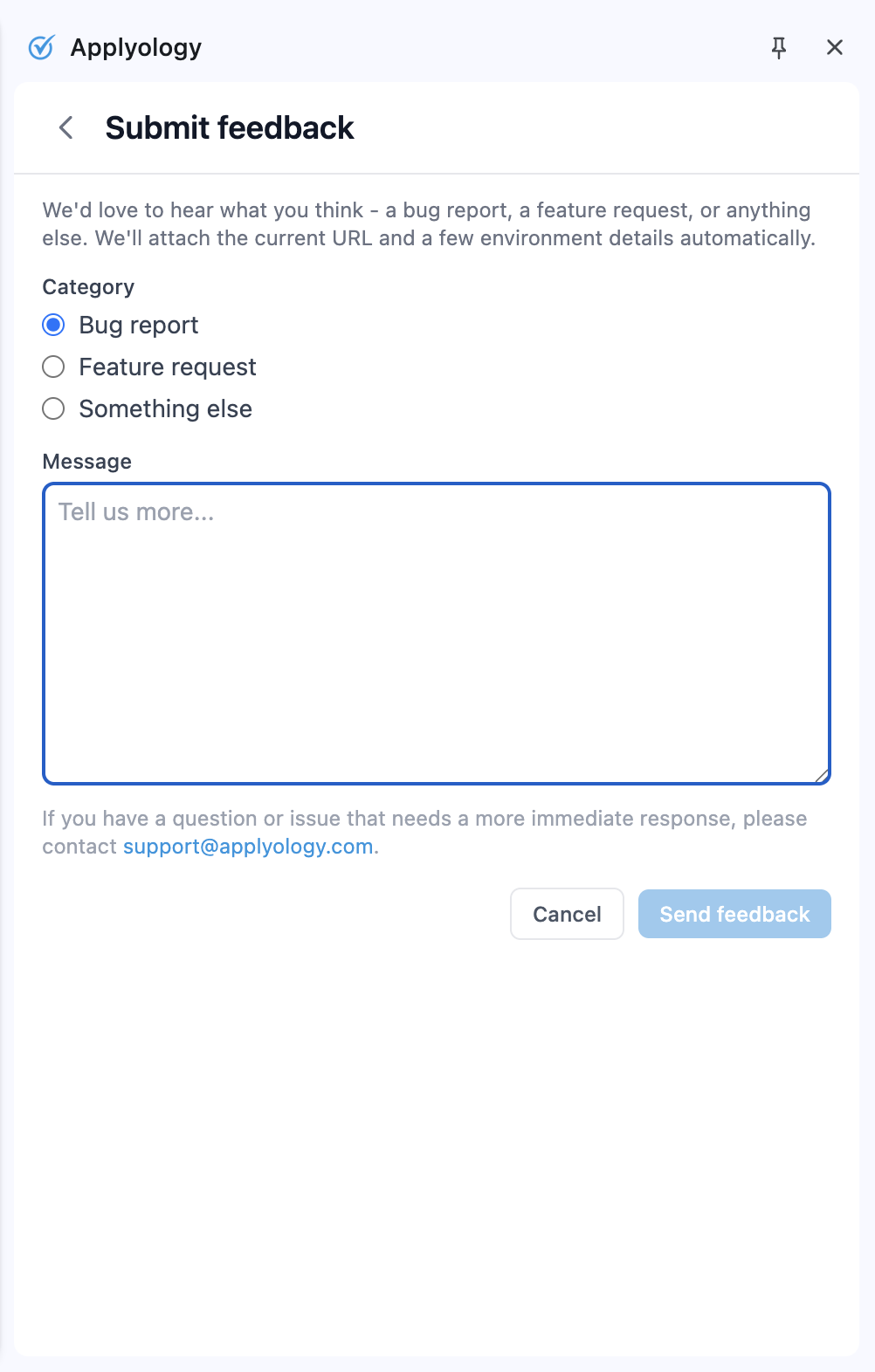 Applyology extension Submit feedback form with Bug report, Feature request, and Something else categories and a Message field