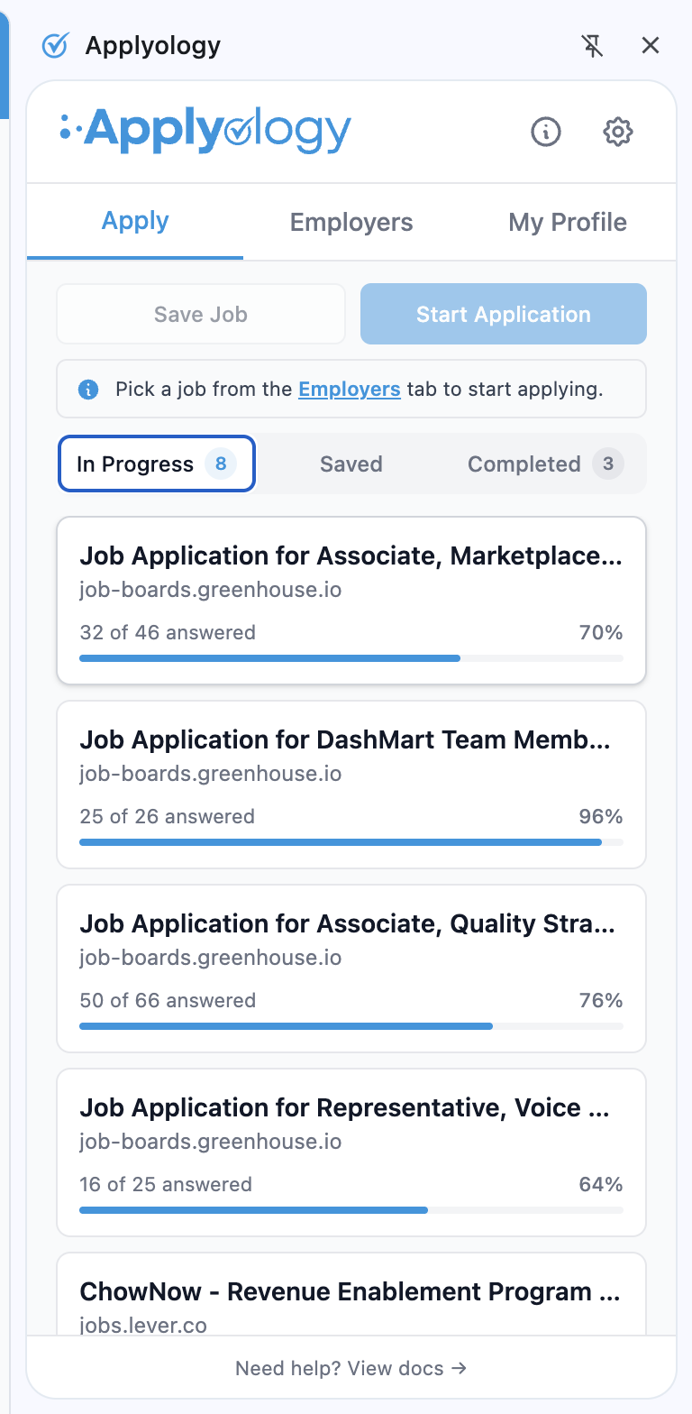 Applyology extension Apply tab In Progress segment listing several applications with progress bars