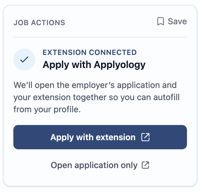 Job actions card, extension connected - Apply with extension and Open application only buttons