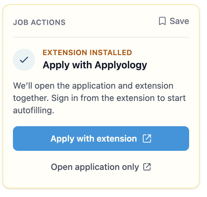 Job actions card, extension installed but signed out - prompts to sign in from the extension