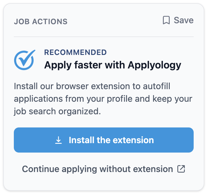 Job actions card, extension not installed - Install the extension and Continue applying without extension
