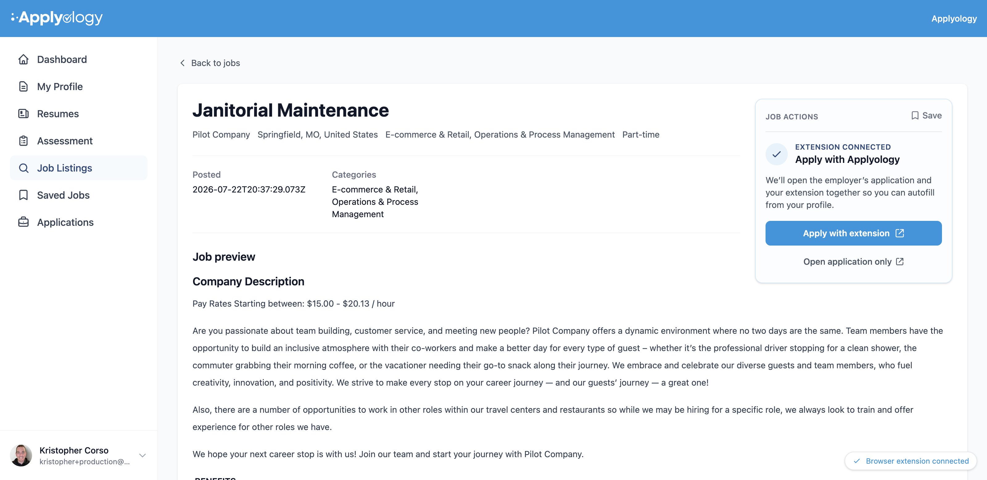Applyology job detail page showing the Job preview description and the Job actions card