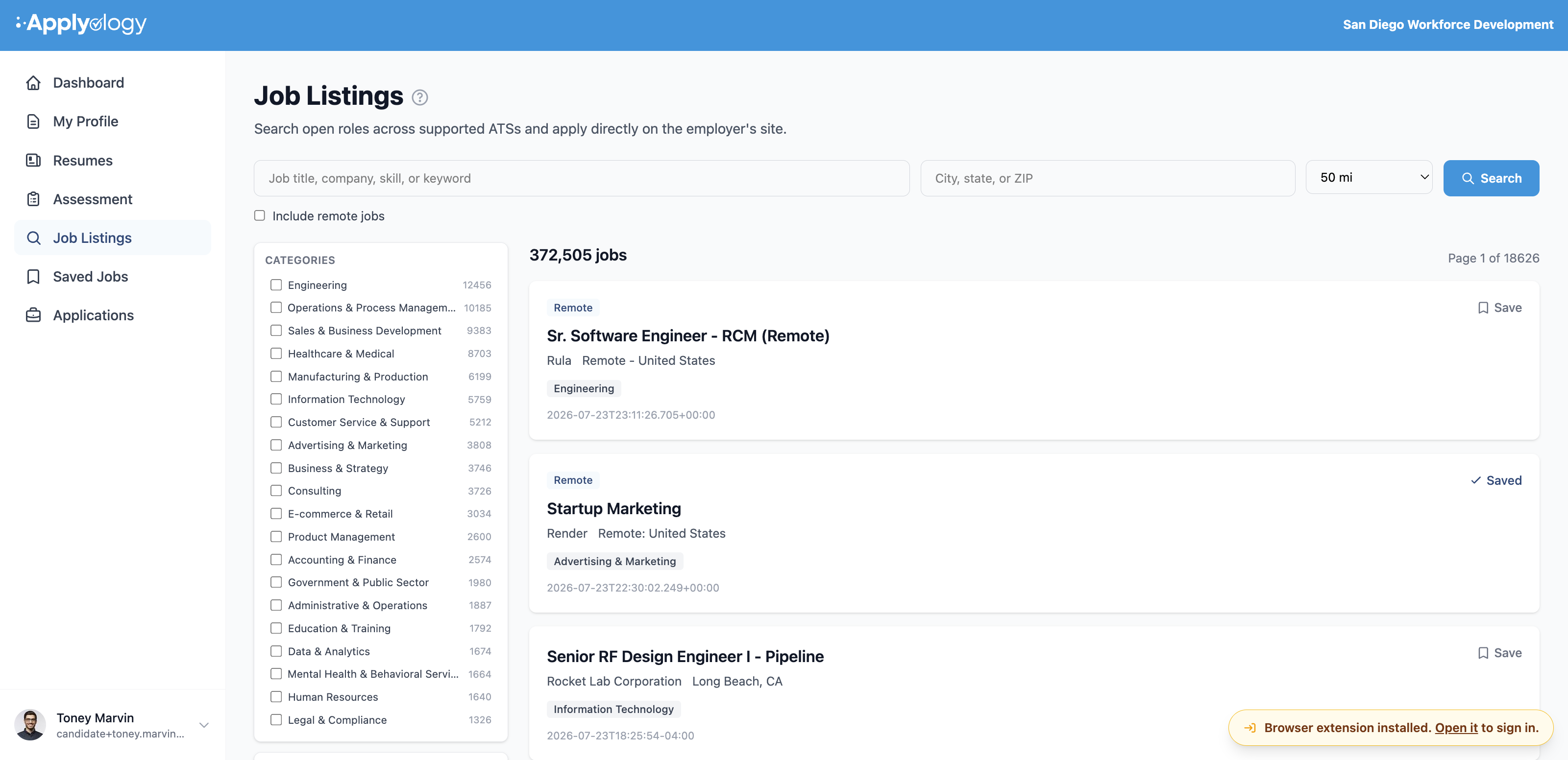 Applyology Job Listings page in the dashboard, where you search open roles, filter by category, and Save the ones you want to apply to