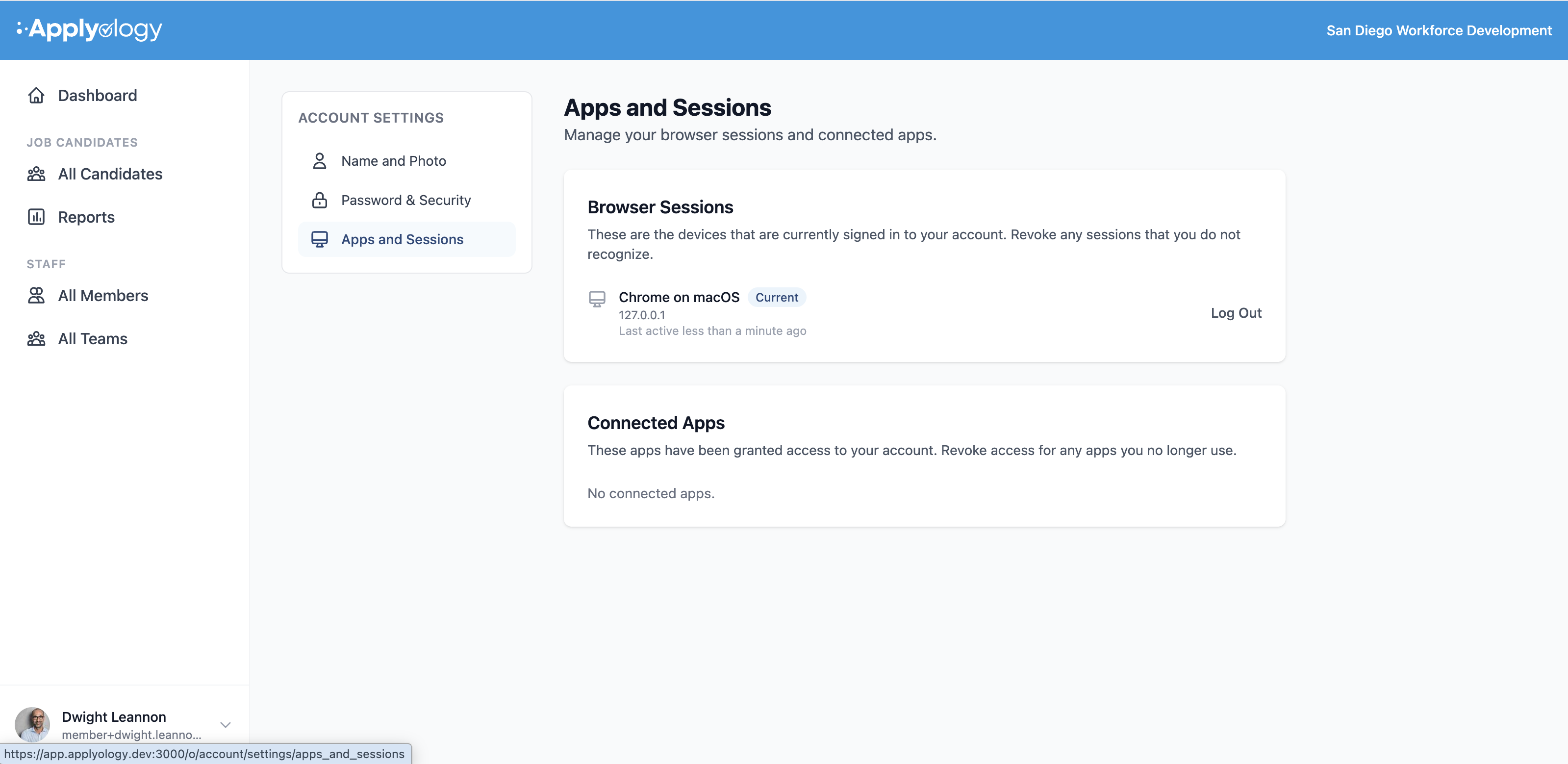 Applyology Account Settings Apps and Sessions tab showing Browser Sessions with a current Chrome on macOS session and a Connected Apps section