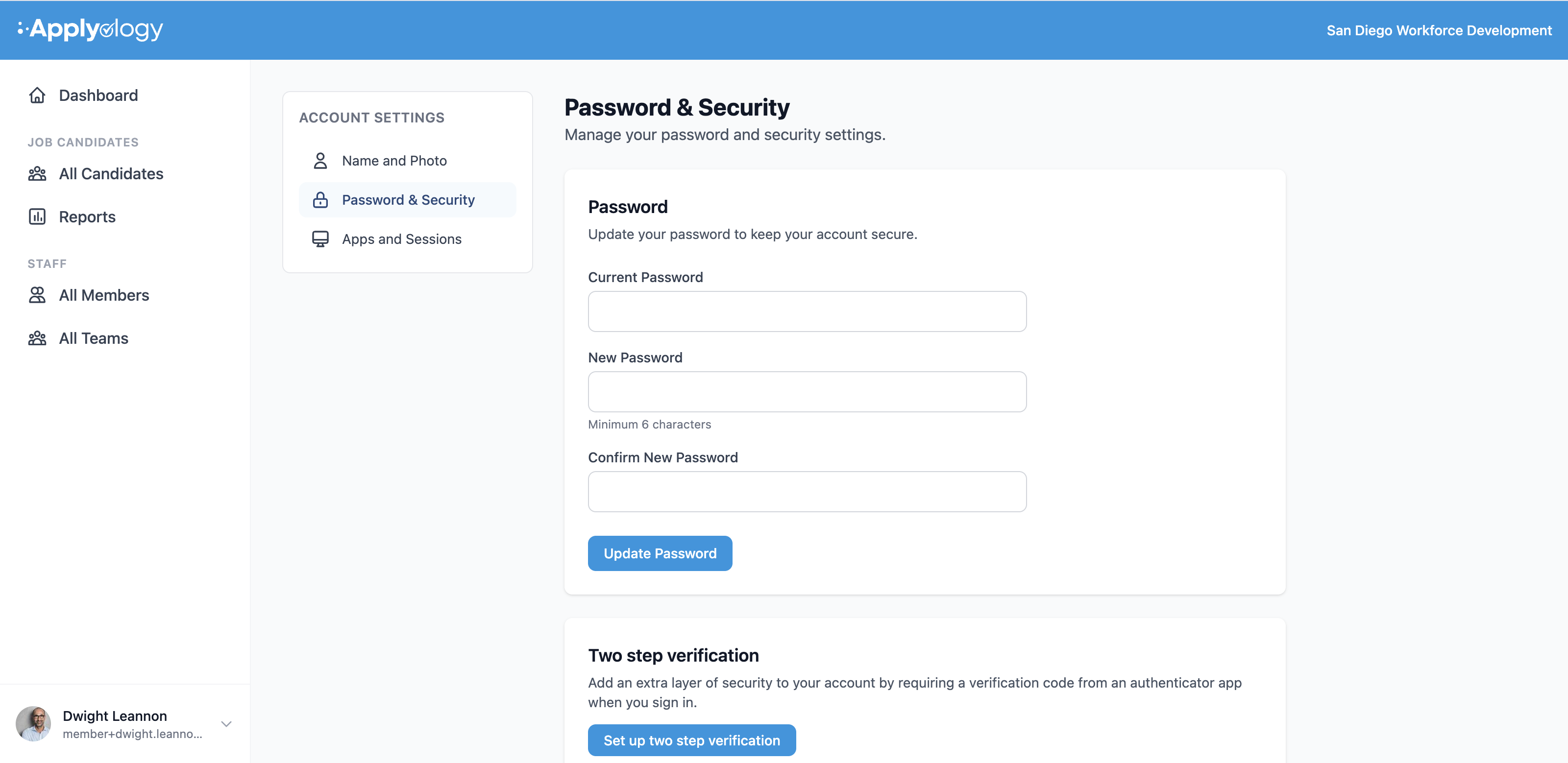 Applyology Account Settings Password & Security tab with the password update form and a Two step verification section
