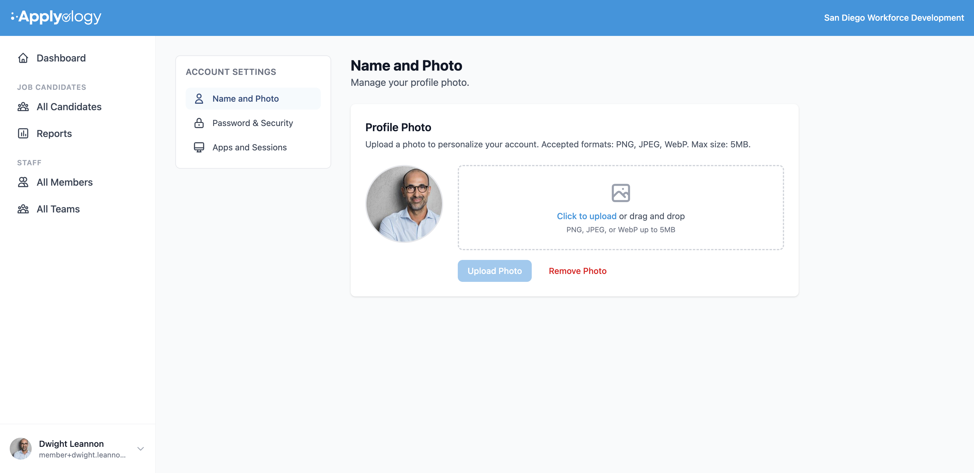 Applyology Account Settings page on the Name and Photo tab, with Password & Security and Apps and Sessions in the sidebar
