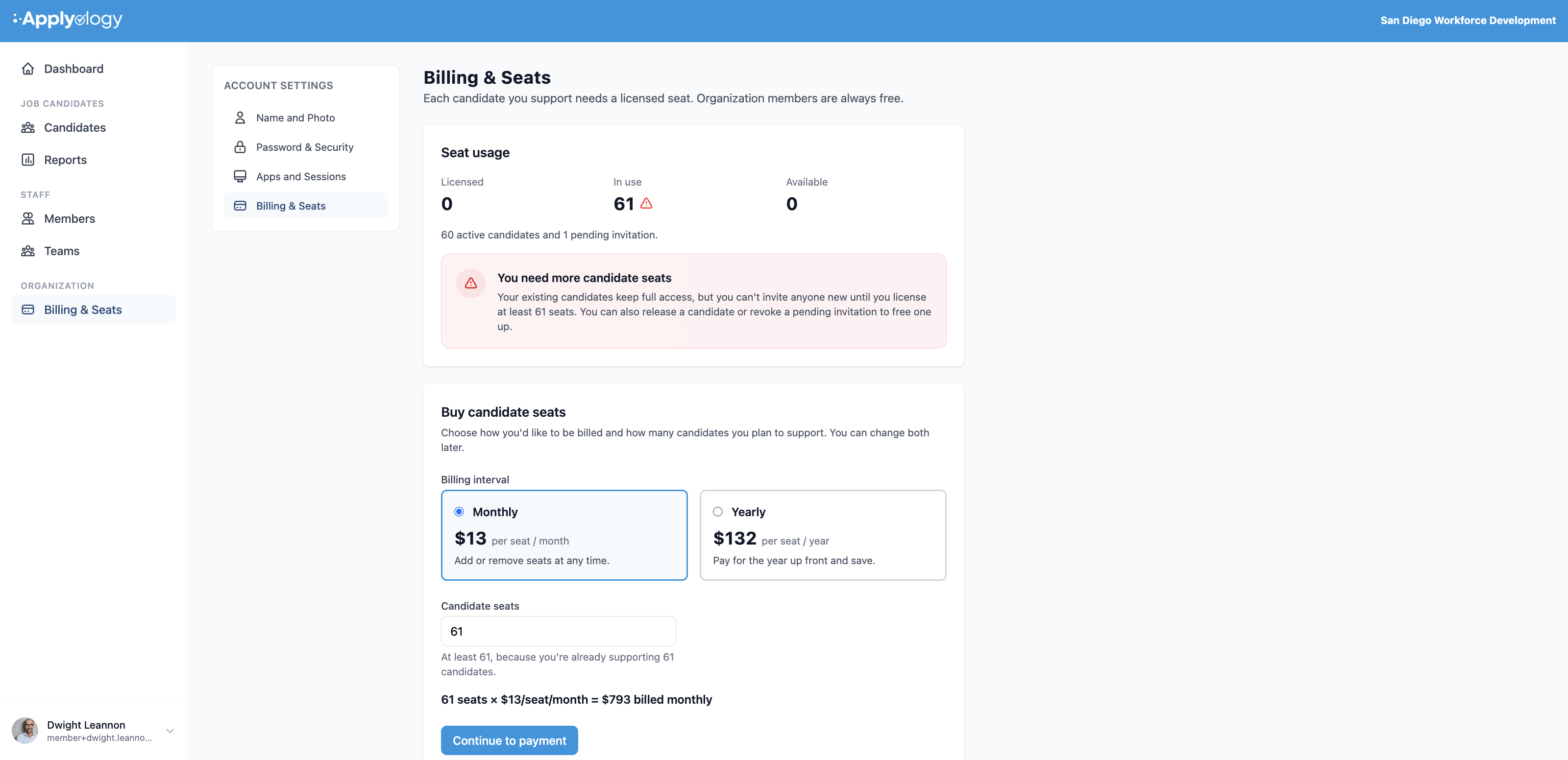 Applyology Billing &amp; Seats page showing the Seat usage panel and the Buy candidate seats form with Monthly and Yearly billing options