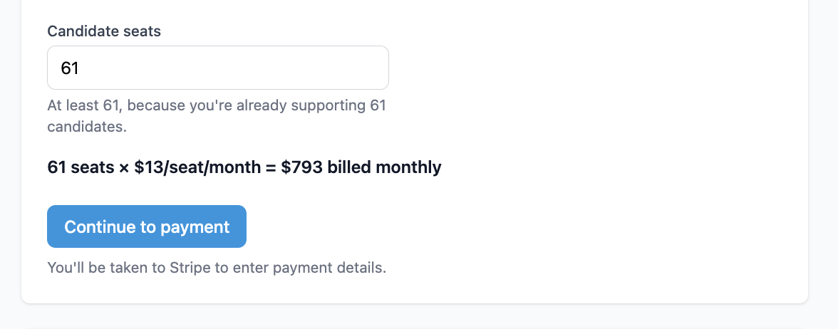 The Candidate seats field showing 61 seats, the running total 61 seats times $13 per seat per month equals $793 billed monthly, and a Continue to payment button