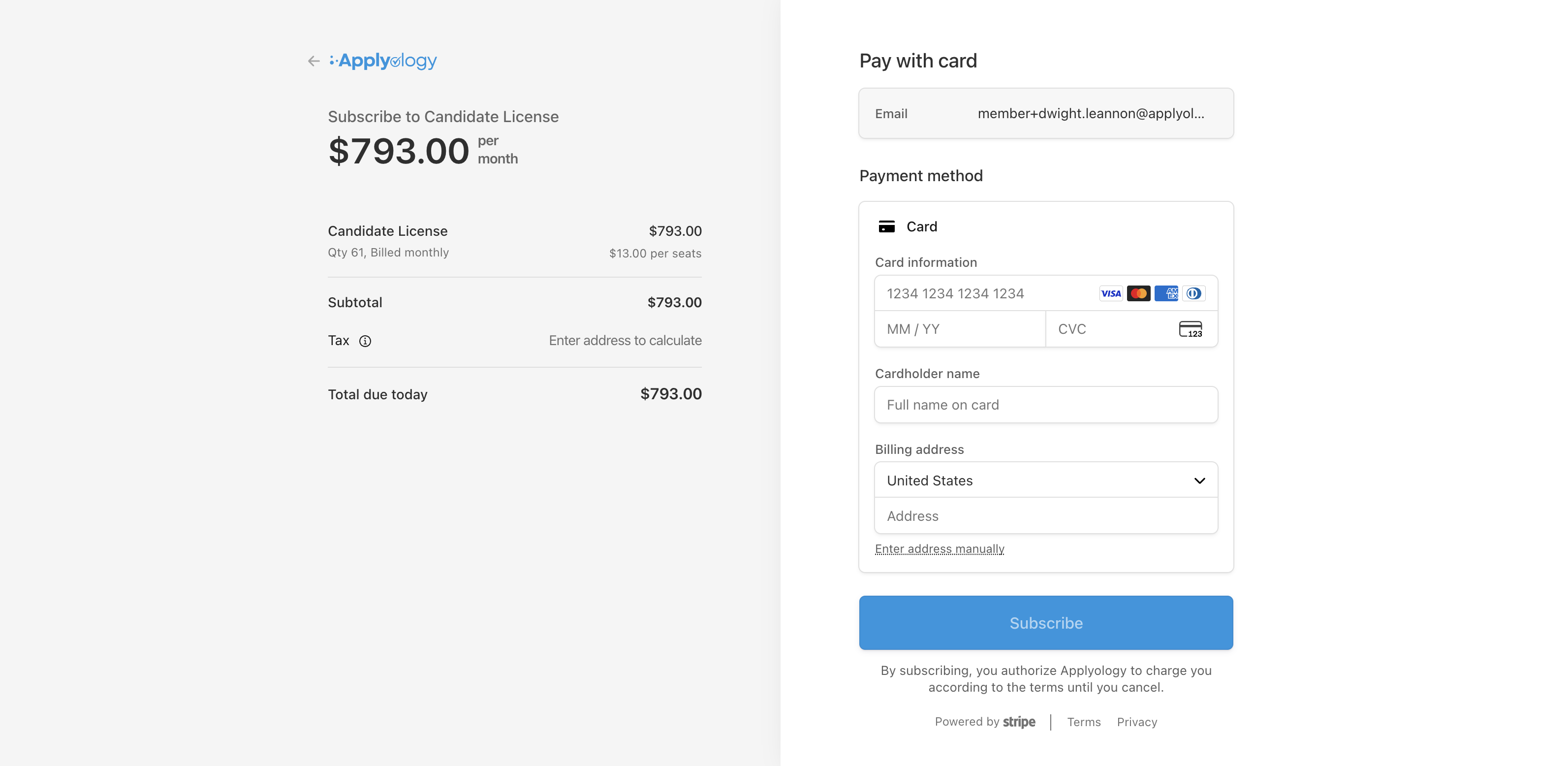 Stripe checkout page titled Subscribe to Candidate License showing the amount due and a Pay with card form