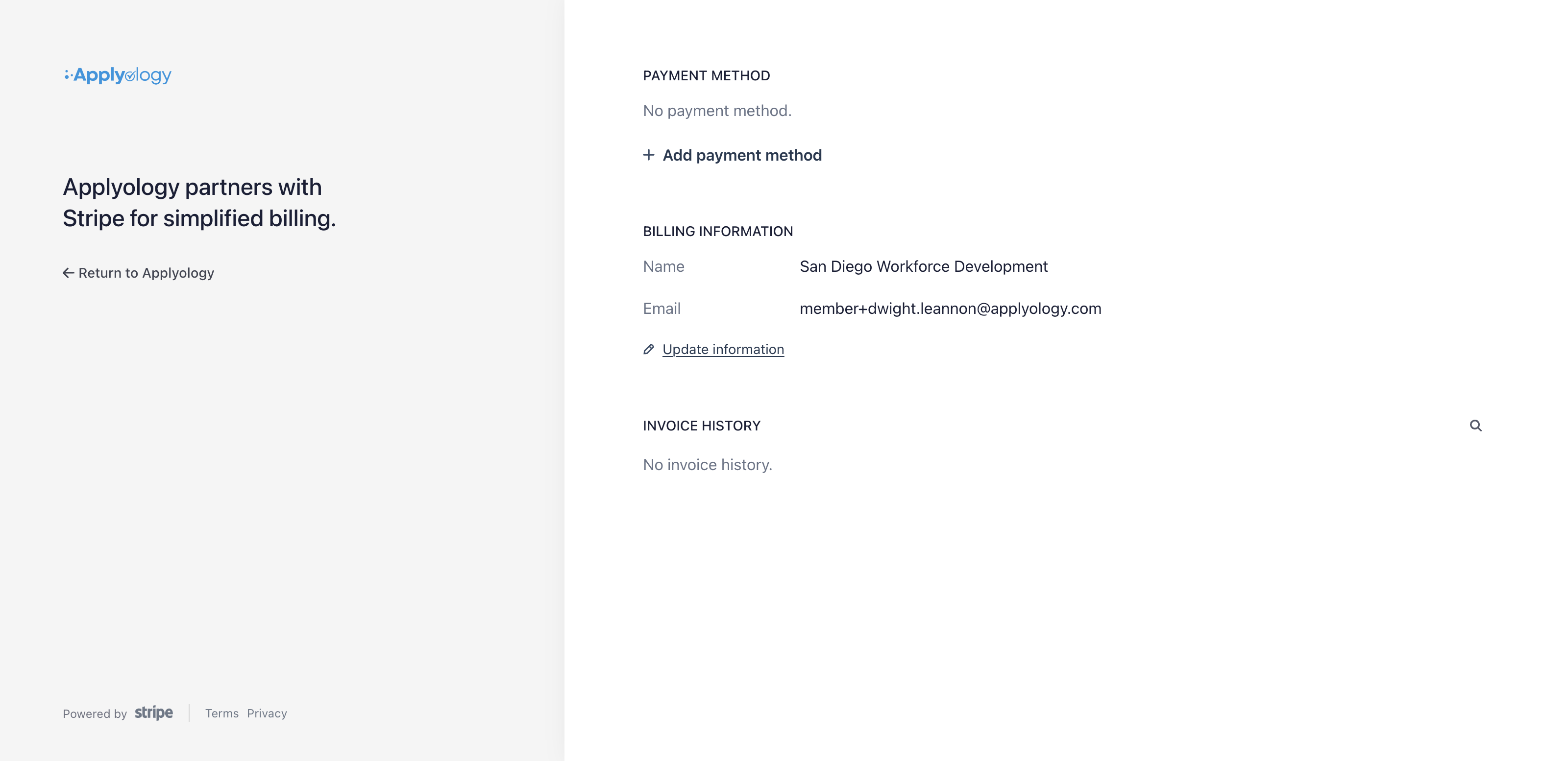 Applyology Stripe billing portal showing Payment method, Billing information, and Invoice history sections