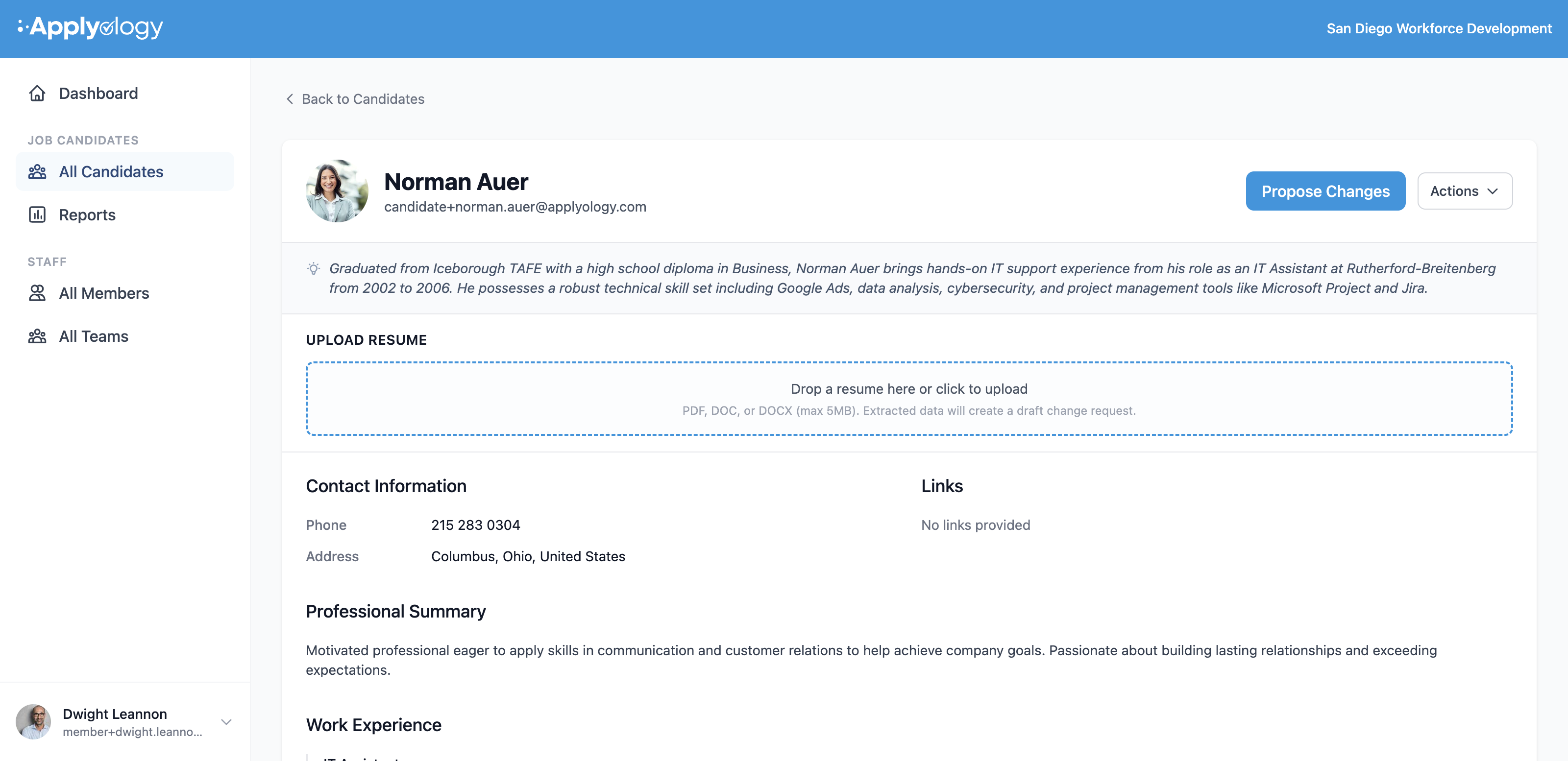 Applyology candidate profile as seen by staff, with Propose Changes and Actions buttons, an Upload Resume dropzone, and profile sections