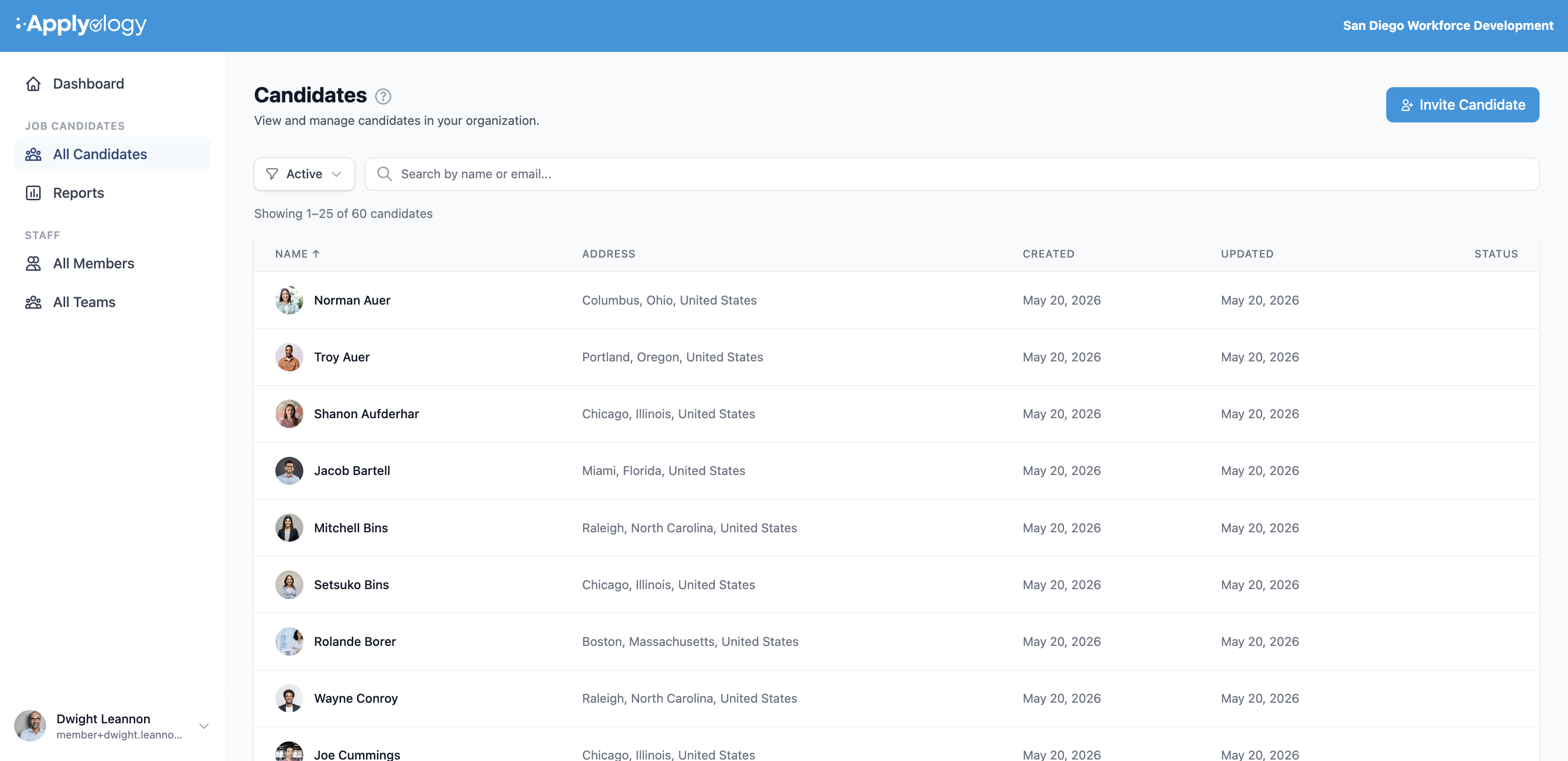 Applyology organization Candidates list with an Active filter, search box, and a table of candidates by name, address, and dates