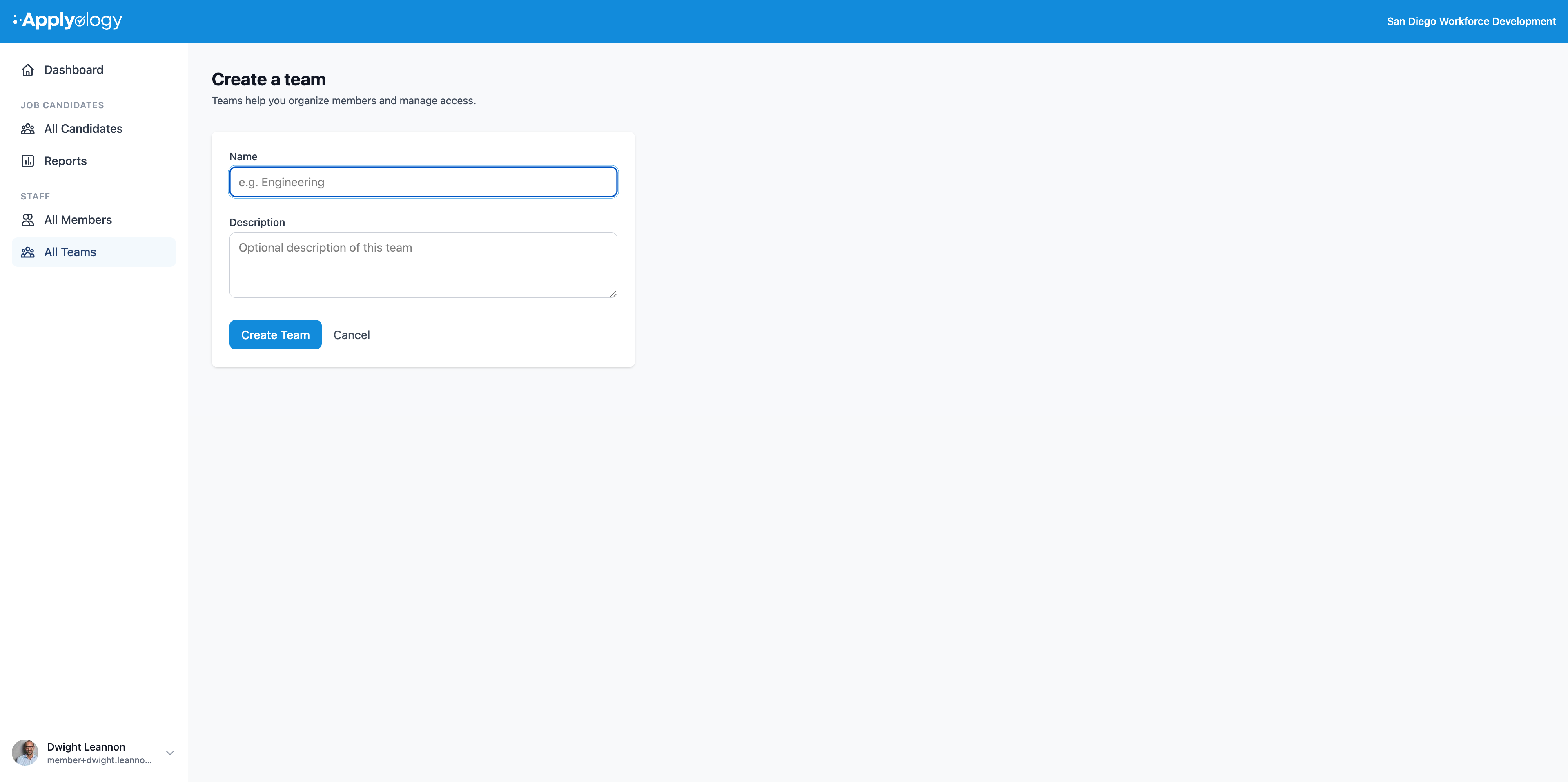 Applyology "Create a team" form with a Name field, an optional Description field, and Create Team and Cancel buttons