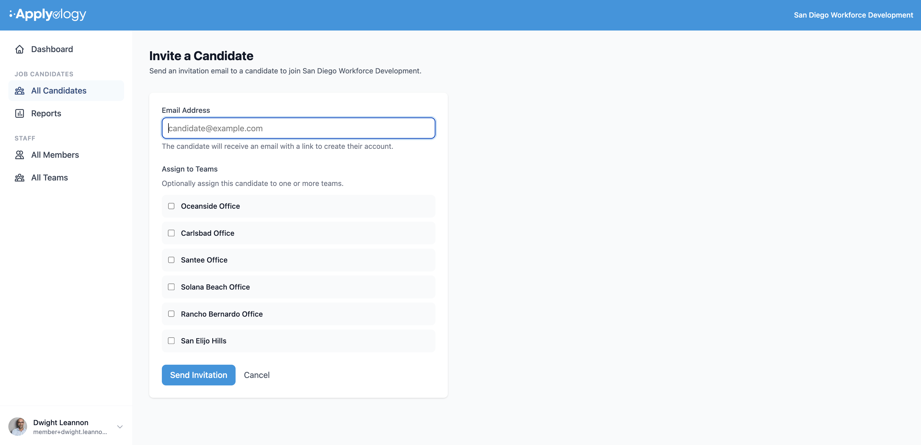 Applyology "Invite a Candidate" form with an email address field, an "Assign to Teams" checklist, and Send Invitation and Cancel buttons