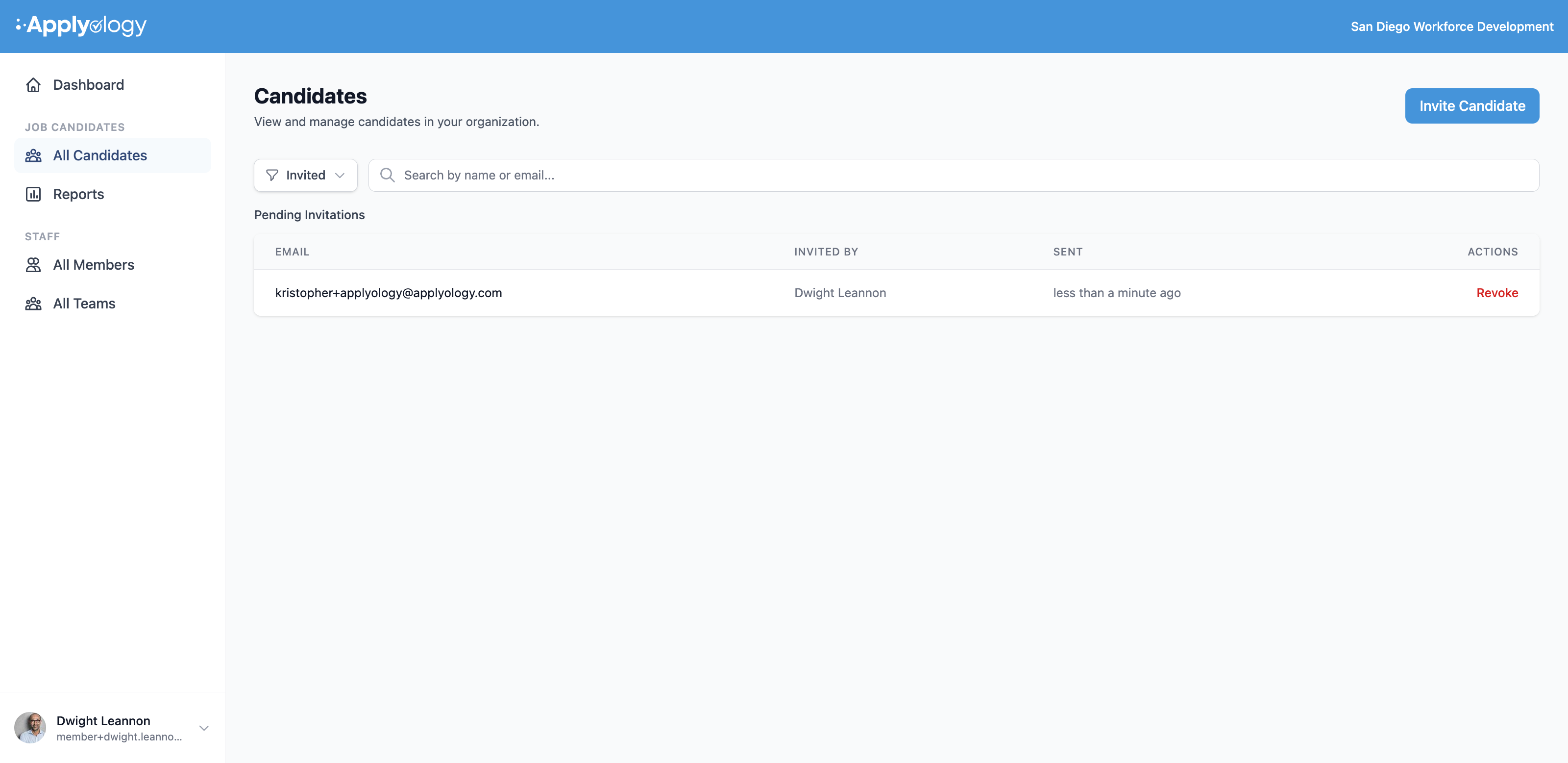 Applyology Candidates page with the Invited filter selected, showing a Pending Invitations table with email, invited-by, sent time, and a Revoke action