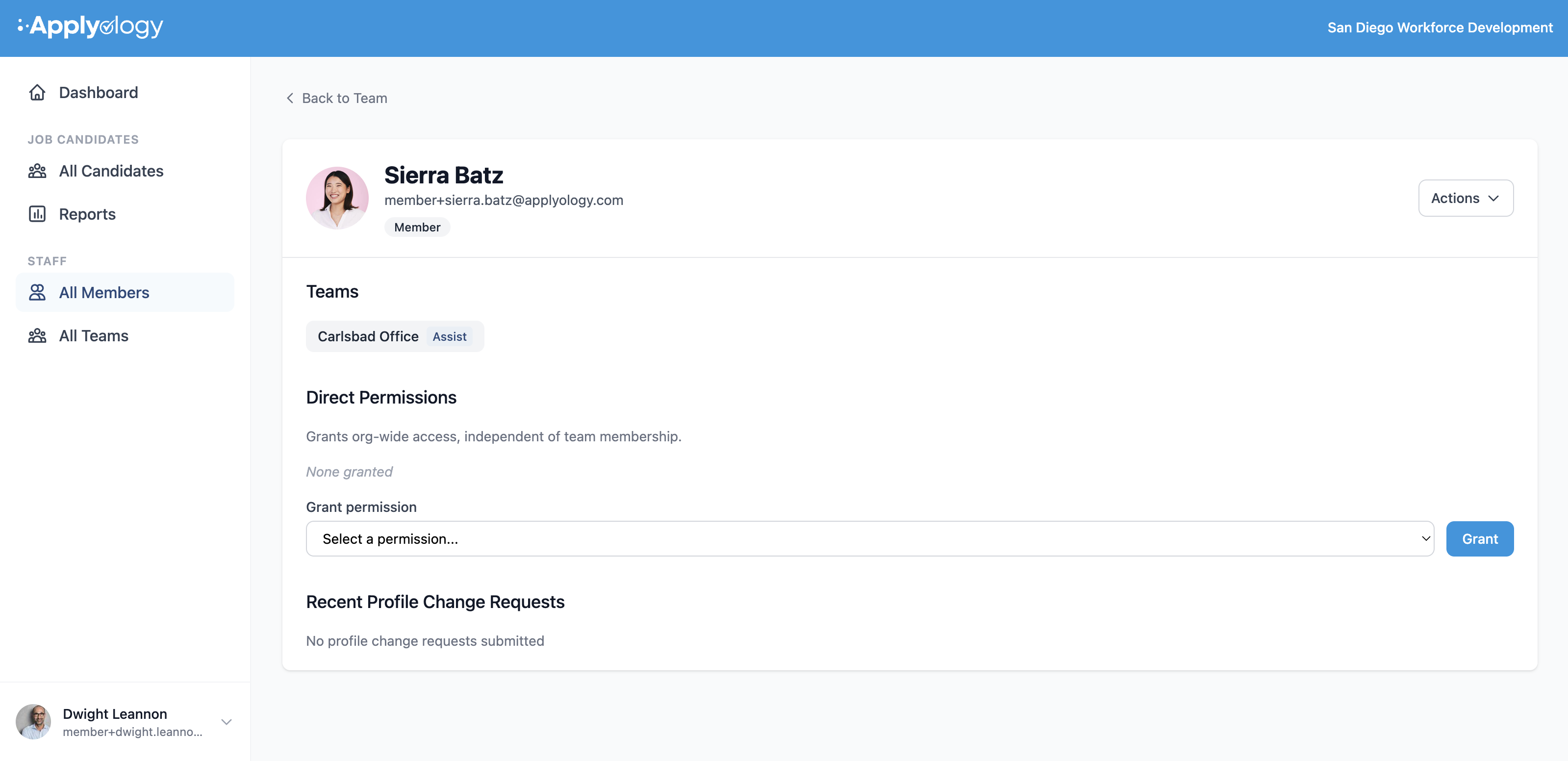 Applyology member detail page showing the member's Teams, a Direct Permissions grant control, and Recent Profile Change Requests