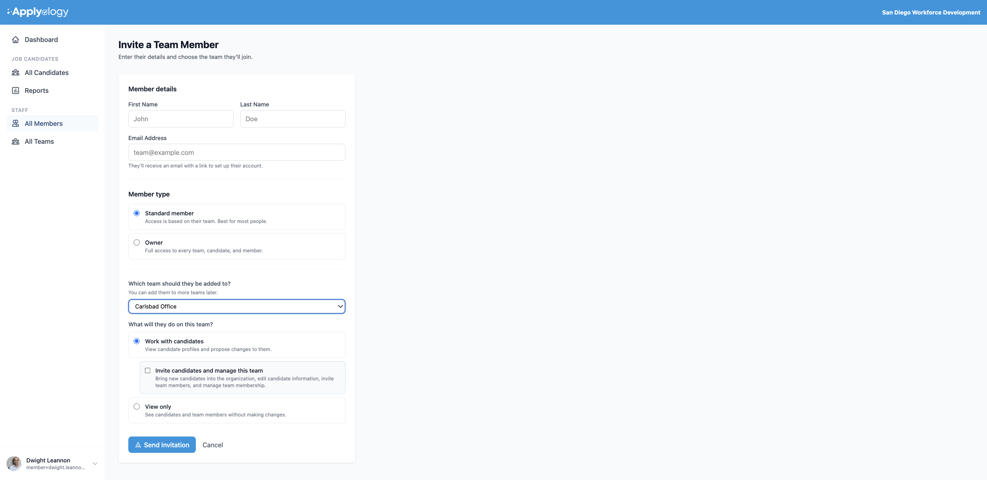 Applyology Invite a Team Member form for a Standard member, with a team dropdown and a "What will they do on this team?" choice of Work with candidates (with an "Invite candidates and manage this team" checkbox) or View only