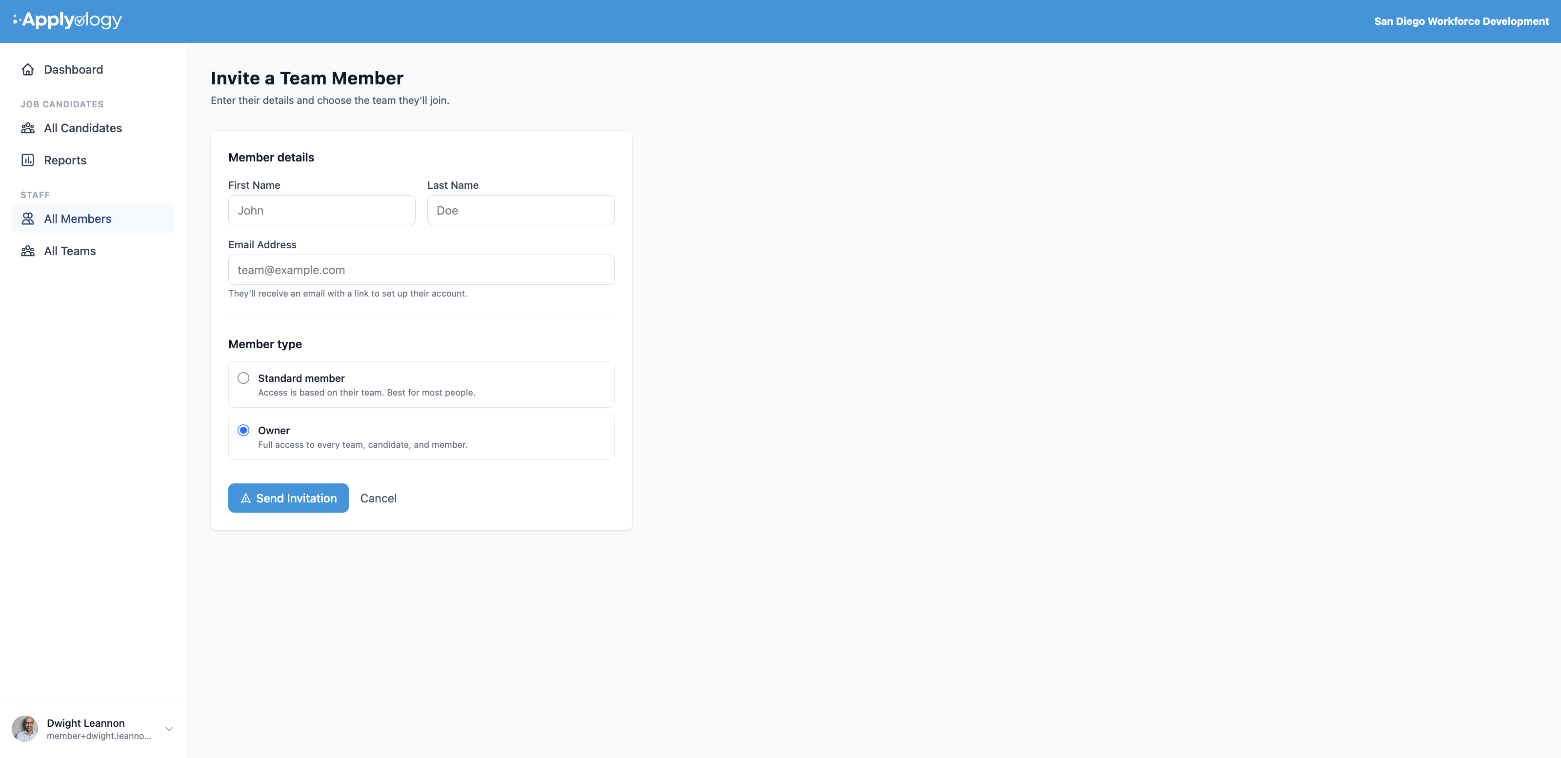 Applyology Invite a Team Member form showing Member details and a Member type choice of Standard member or Owner